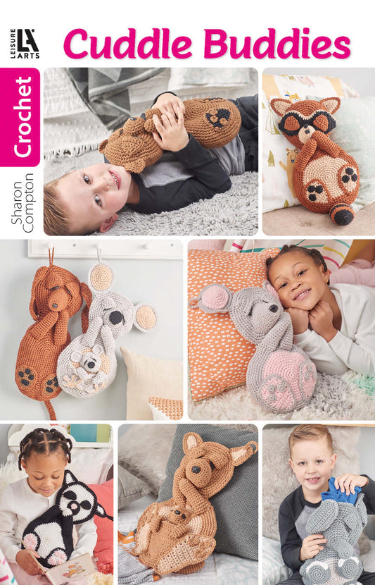 A collage of children hugging large crochet animals—a dog, mouse, panda, koala, and bear—with the title “Cuddle Buddies Crochet” from Leisure Arts; perfect for beginner crochet projects.