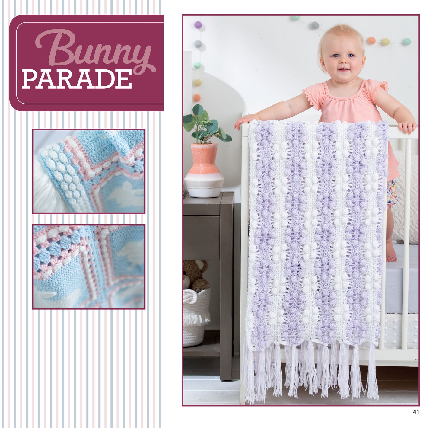 A smiling baby stands in a crib holding a pastel purple and white crocheted blanket with tassels. Two close-ups show the stitching—great inspiration for beginners or crochet gifts. Sweet Baby Blankets Digital Download by Leisure Arts appears above.
