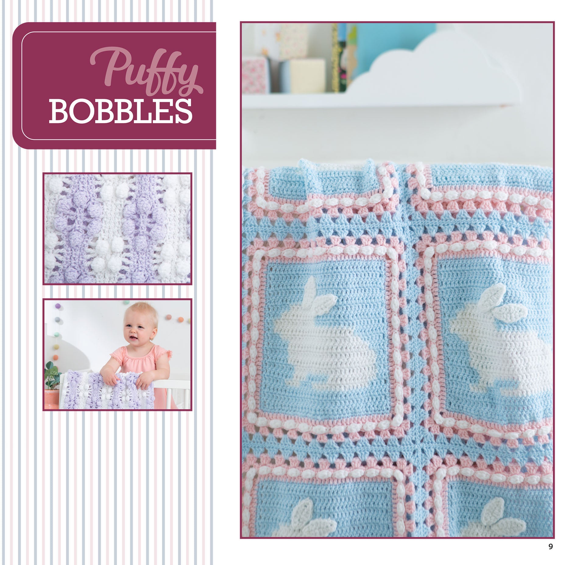 The Leisure Arts Sweet Baby Blankets Digital Download features a pastel crochet blanket with white bunny motifs in pink, blue, and purple squares. Ideal for beginner projects or thoughtful gifts—shown draped over a crib railing. Text reads Puffy Bobbles.