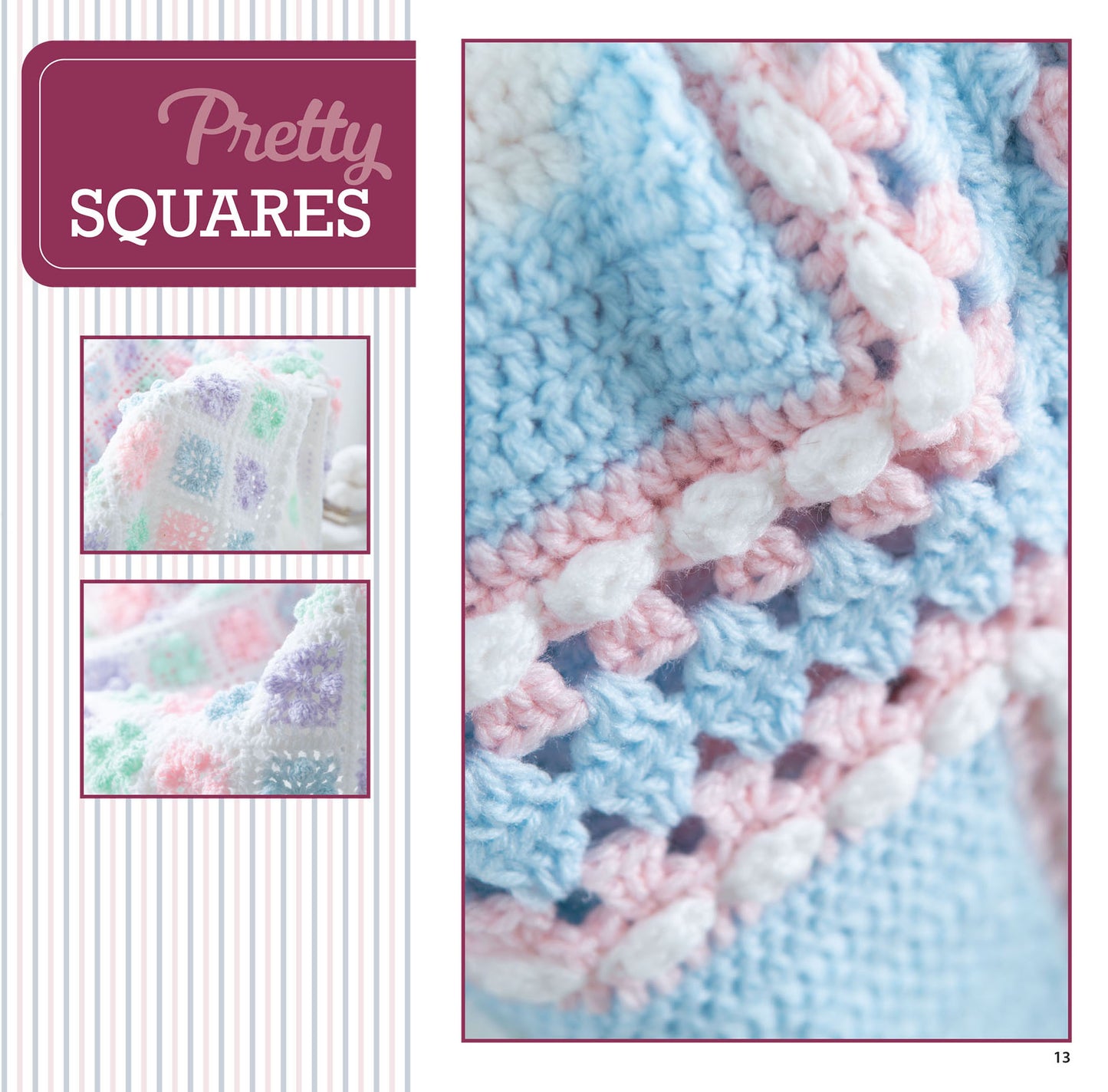 Close-up shots of a crocheted blanket in pastel blue, pink, white, and lavender showcase detailed square and shell stitches. "Sweet Baby Blankets Digital Download" by Leisure Arts—perfect for beginner crochet or thoughtful handmade gifts.