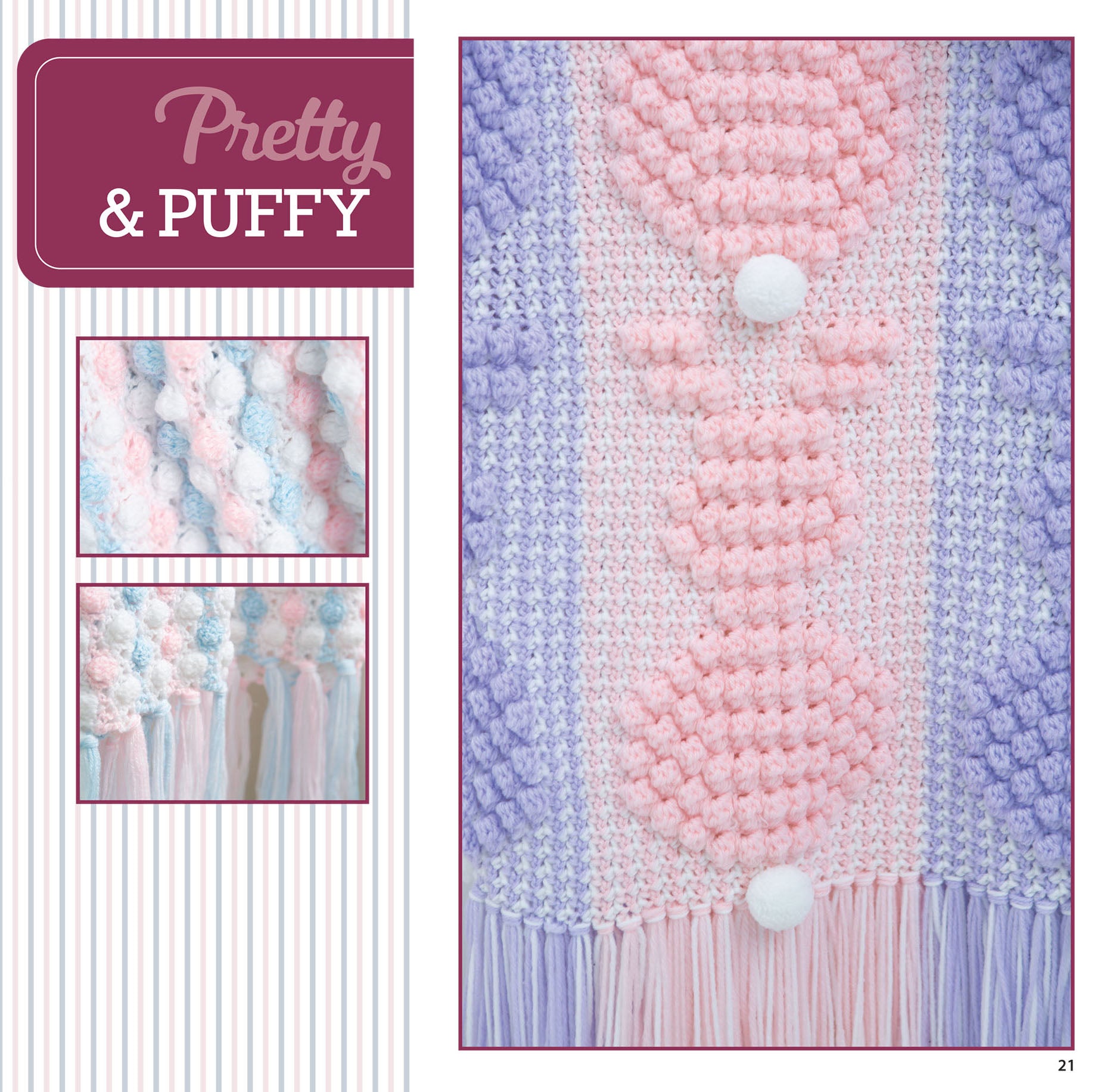 Close-up of a pastel crochet blanket with textured bobbles in pink, lavender, and blue from Leisure Arts' Sweet Baby Blankets Digital Download. Features white pom-poms, fringes, and a "Pretty & Puffy" text in a pink box—great for crochet gifts.