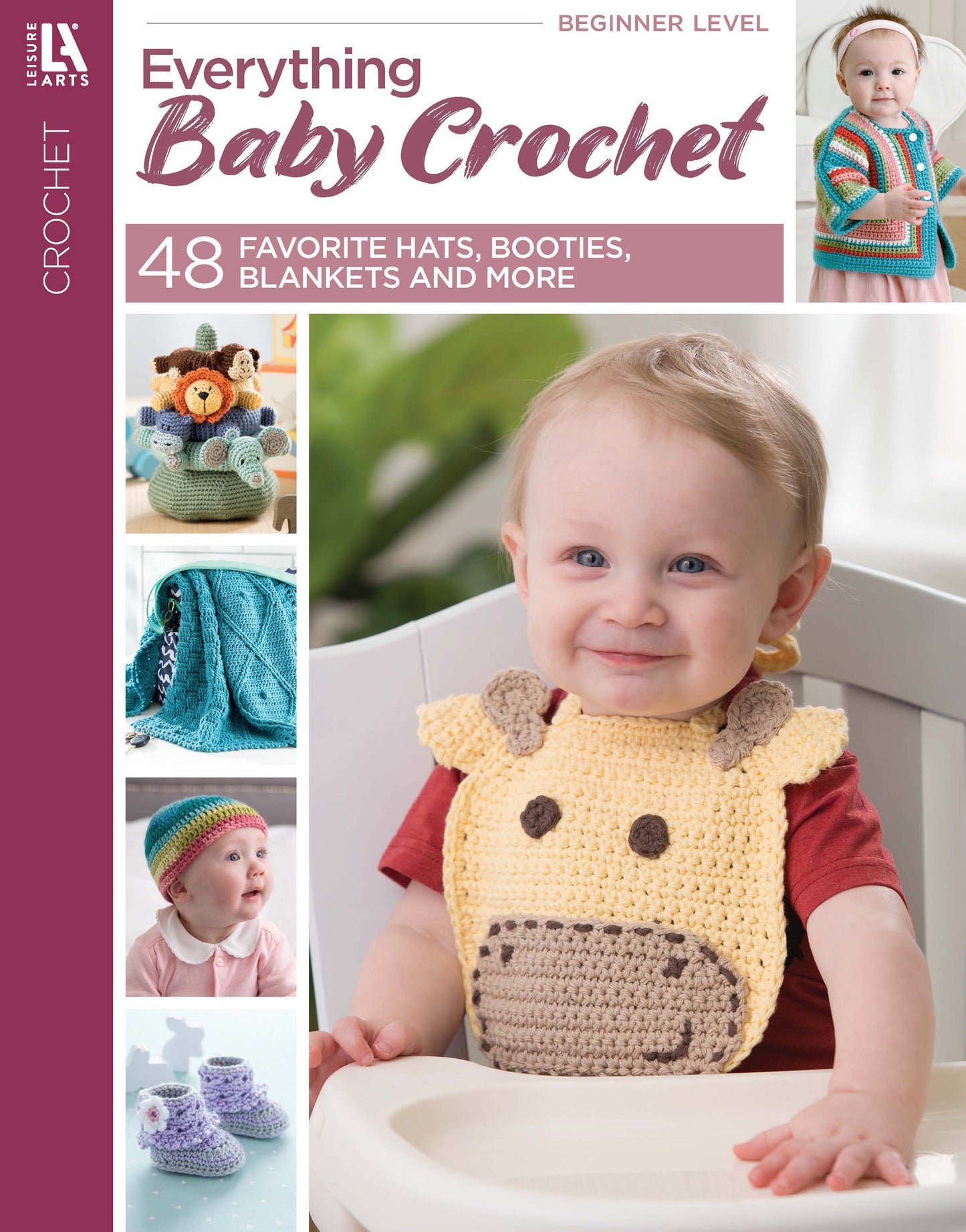 A baby in a crocheted giraffe bib smiles at the table. The Leisure Arts Everything Baby Crochet Digital Download offers 48 beginner-friendly patterns for adorable hats, booties, blankets, and more.