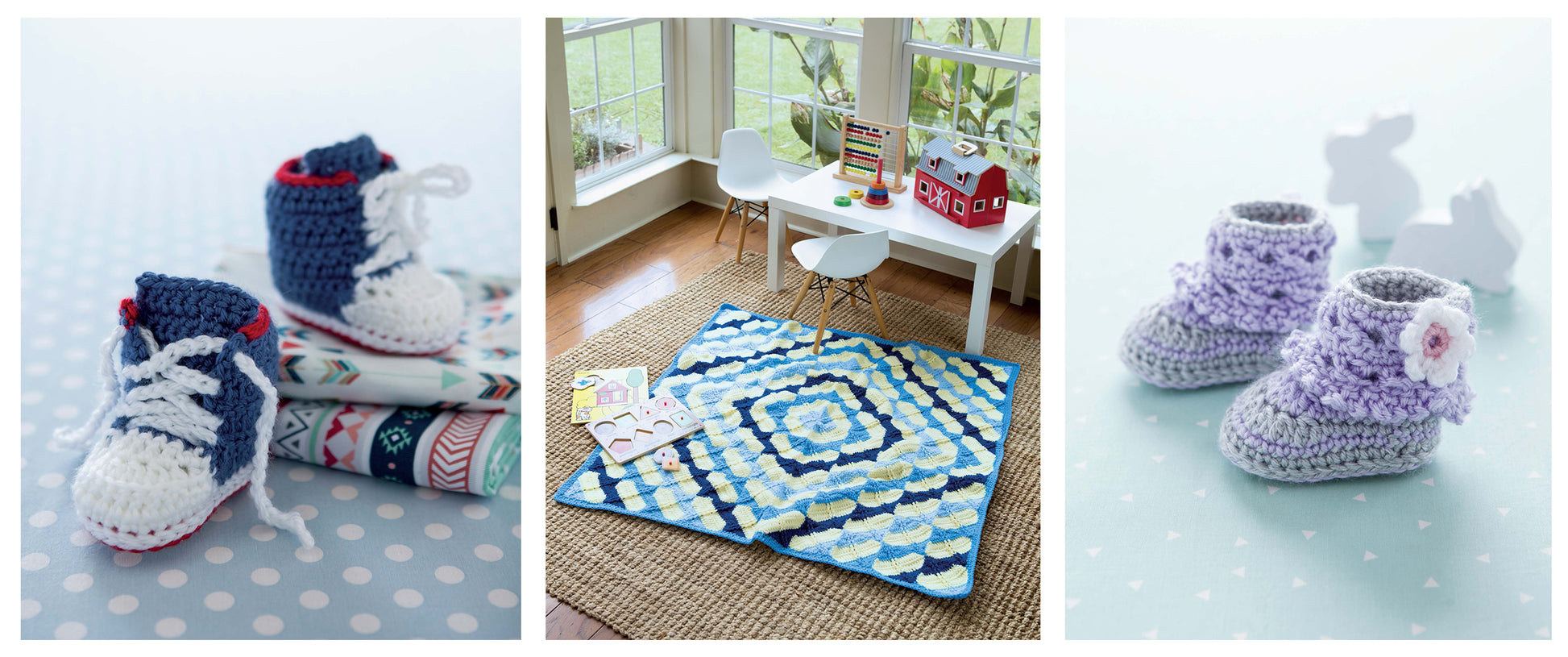 Explore easy baby crochet projects with the "Everything Baby Crochet" digital download by Leisure Arts, featuring sneaker-style blue and white booties, a colorful blanket, and purple flower-accented booties.