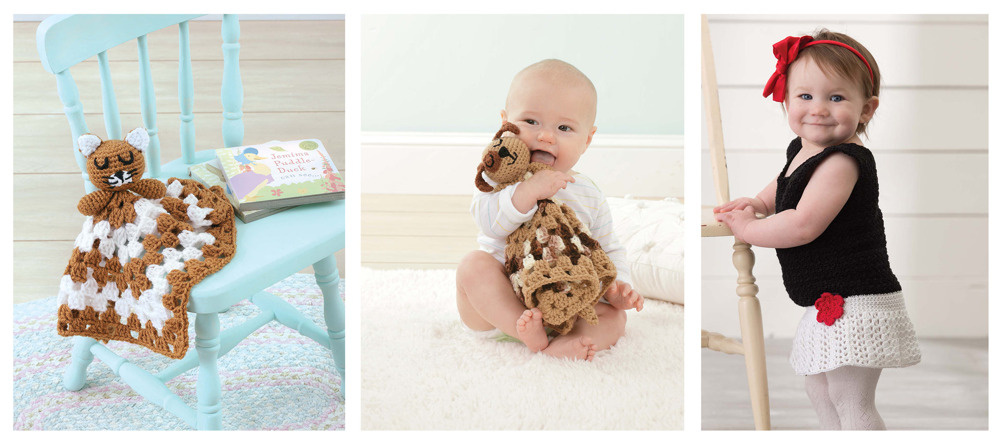 A crocheted cat lovey from the "Everything Baby Crochet Digital Download" by Leisure Arts is shown on a blue chair, held by a smiling baby and next to a toddler wearing black and white with a red bow.