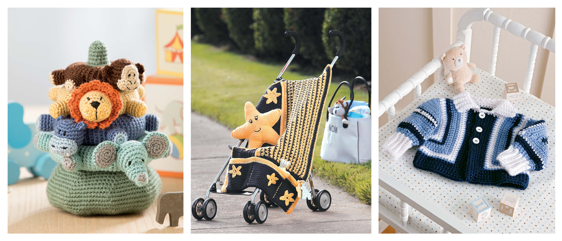 Discover adorable baby crochet patterns in the Everything Baby Crochet Digital Download by Leisure Arts: a cute animal basket, a black and yellow star stroller blanket, and a blue and white varsity jacket for your little one’s nursery.