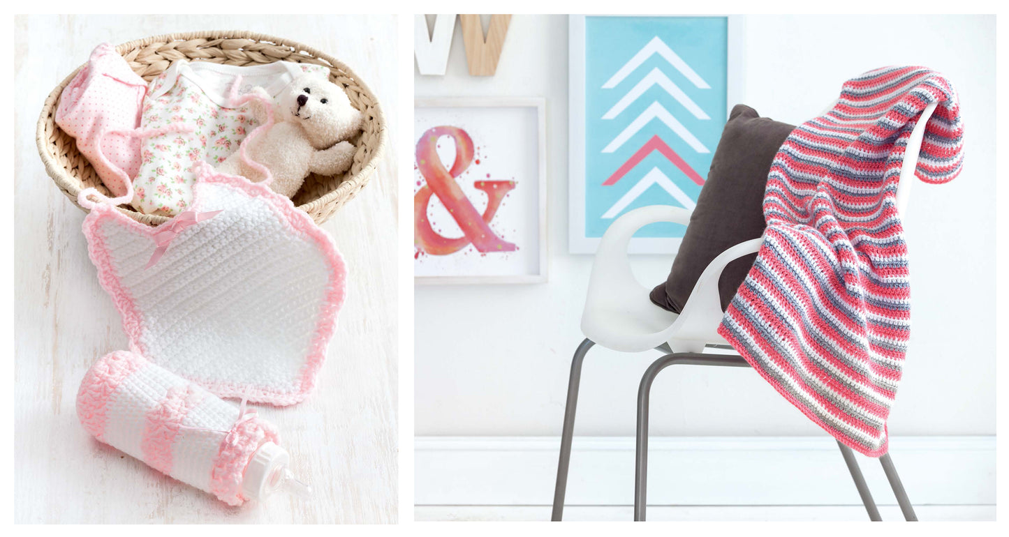 On the left, a basket holds baby clothes, a bib, a striped bottle cover, and a bear; on the right, Leisure Arts' Everything Baby Crochet Digital Download patterns are displayed by a striped blanket over a white chair with two pillows.