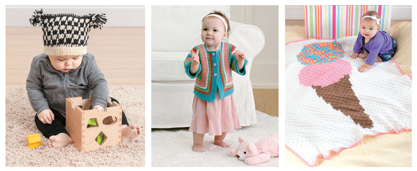 Three adorable baby photos inspire creative projects for the "Everything Baby Crochet Digital Download" by Leisure Arts—find patterns for toys, sweaters, and blankets perfect for your next crochet project.