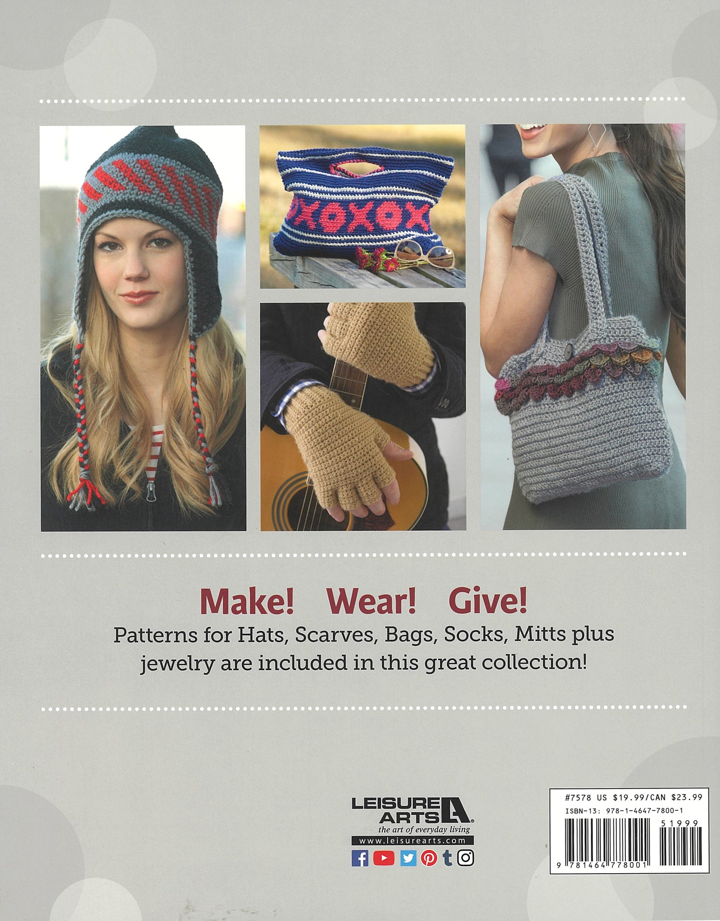 Three photos show: a woman in a stylish knit hat, hands playing guitar in mitts with colorful cuffs, and a woman holding a crochet bag—all patterns from Leisure Arts' Big Book of Crochet Accessories. Scarves also available separately.