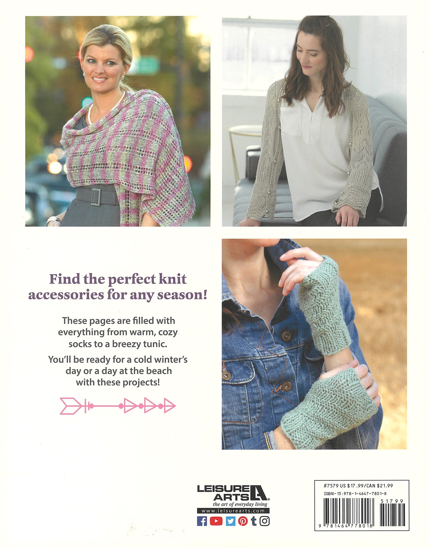 Three images of women modeling a pink and gray shawl, a light gray cardigan, and blue fingerless mitts. Best of Knit Accessories Digital Download by Leisure Arts offers easy knitting projects for cozy scarves and mitts.