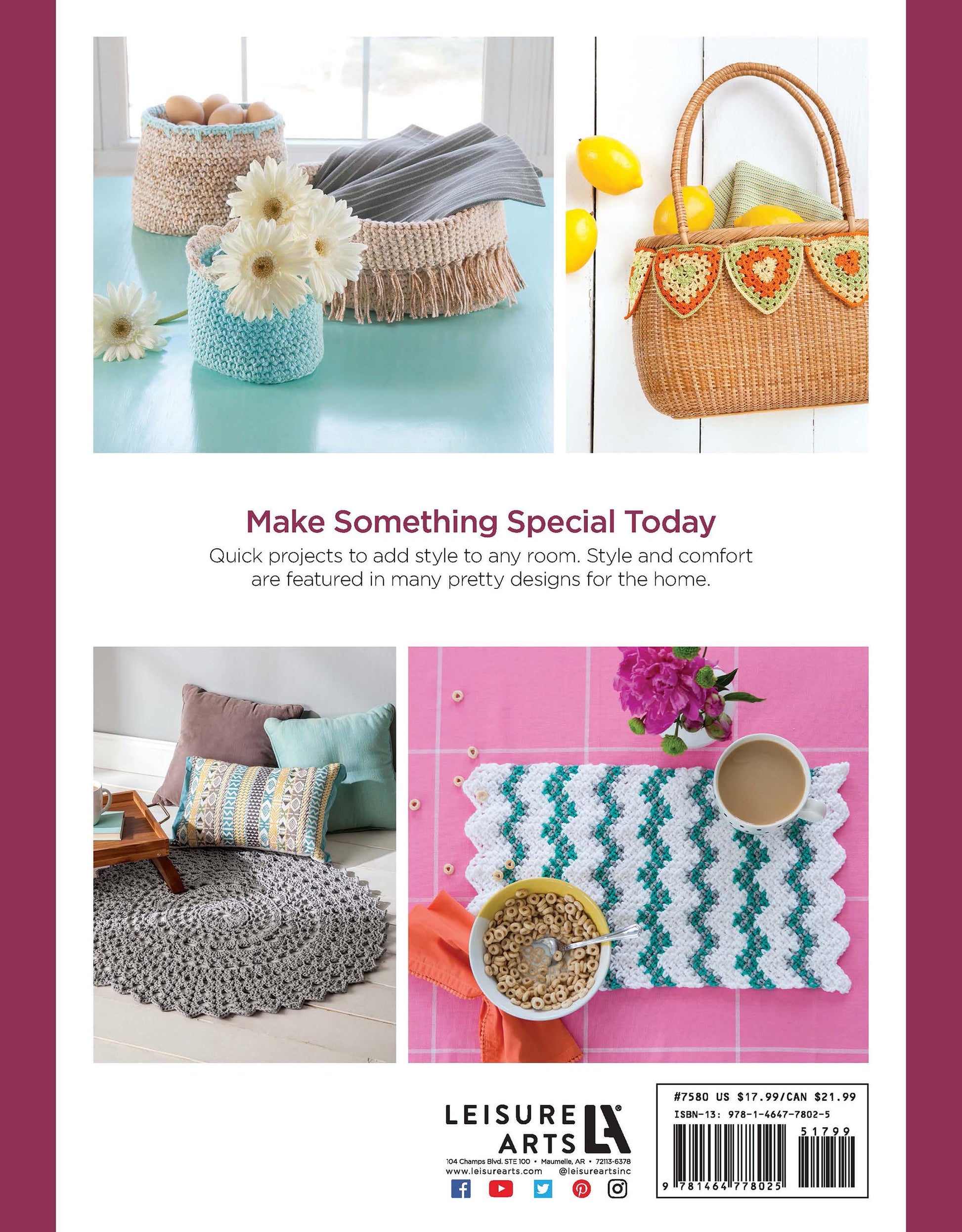 A collage showcases Leisure Arts' Crochet For The Home: baskets with flowers, a heart-garland handbag, a textured rug with pillows, and a chevron mat. Discover beginner patterns for quick, stylish home projects.