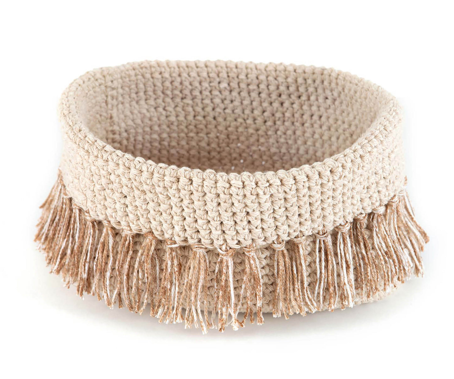 Crochet For The Home by Leisure Arts features stylish patterns like a round, beige woven basket with textured surface and a brown and cream fringe—ideal for home decor or quick crochet projects.