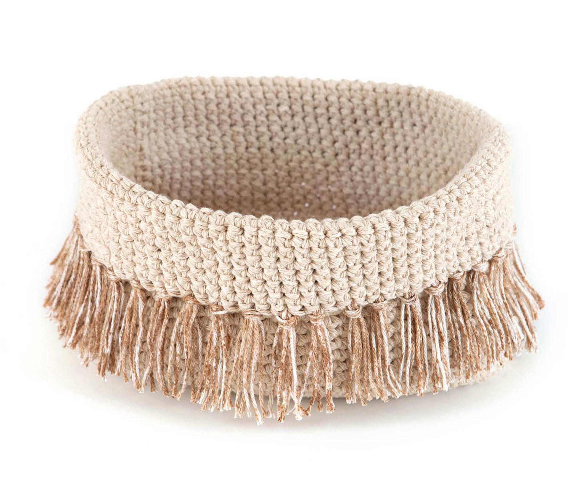 Crochet For The Home by Leisure Arts features stylish patterns like a round, beige woven basket with textured surface and a brown and cream fringe—ideal for home decor or quick crochet projects.