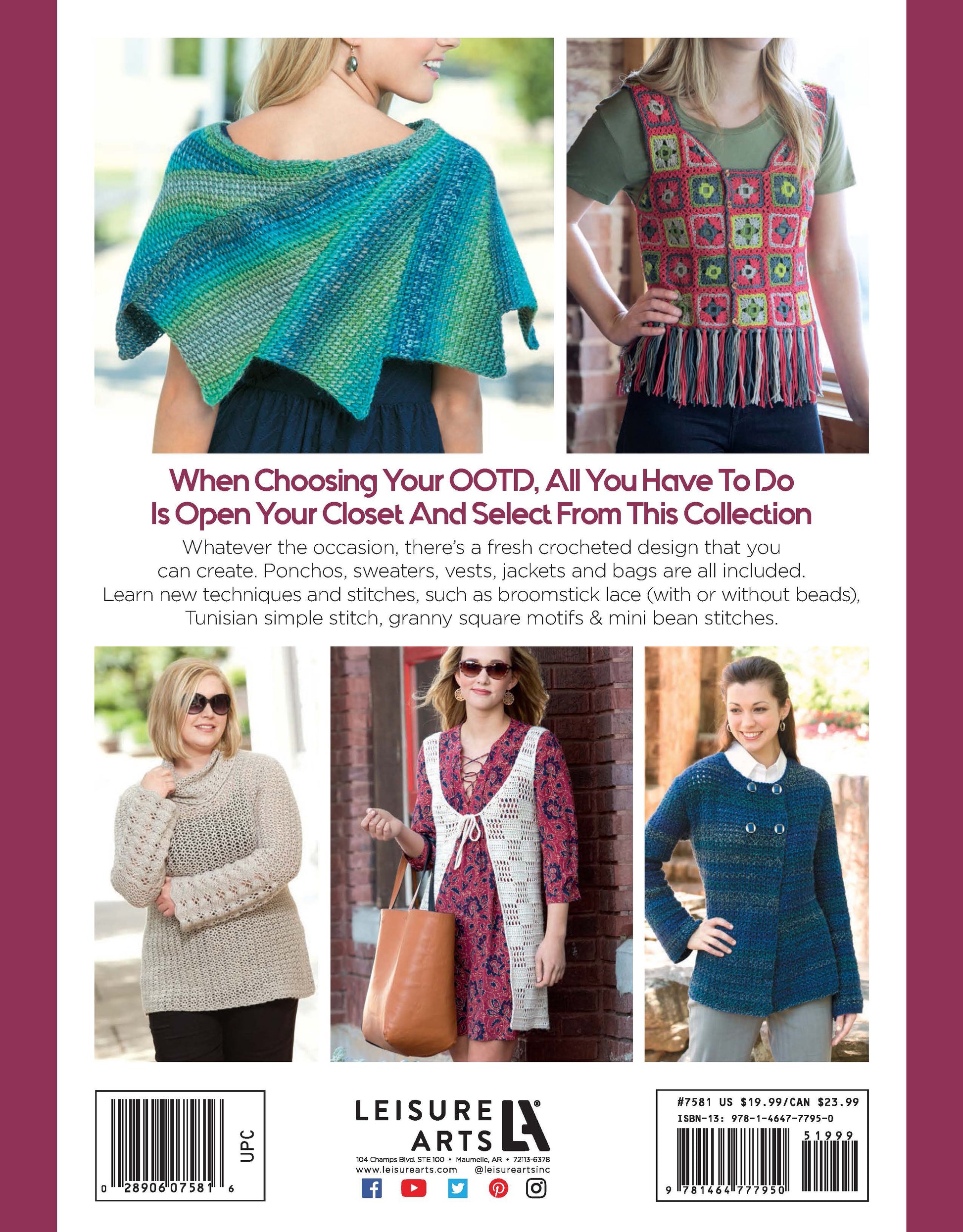 Back cover of “Back In Style—Crochet 30 Made Modern Sweaters, Vests, Bags, Ponchos & More” shows five women modeling stylish designs. Stitch techniques are featured, with Leisure Arts branding at the bottom.