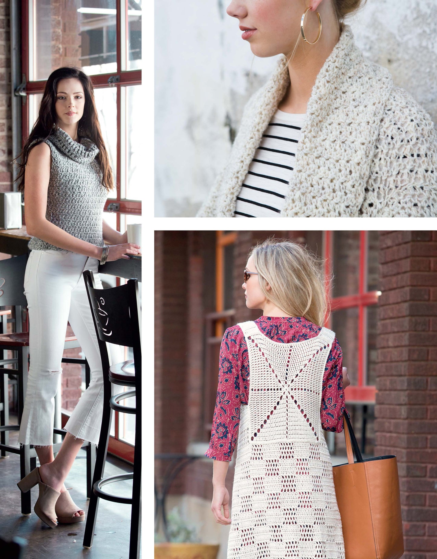 A collage from Leisure Arts’ “Back In Style—Crochet 30 Made Modern Sweaters, Vests, Bags, Ponchos & More” shows three women in chic crochet: a gray cowl top, beige cardigan, and a white lace dress styled with casual accessories.