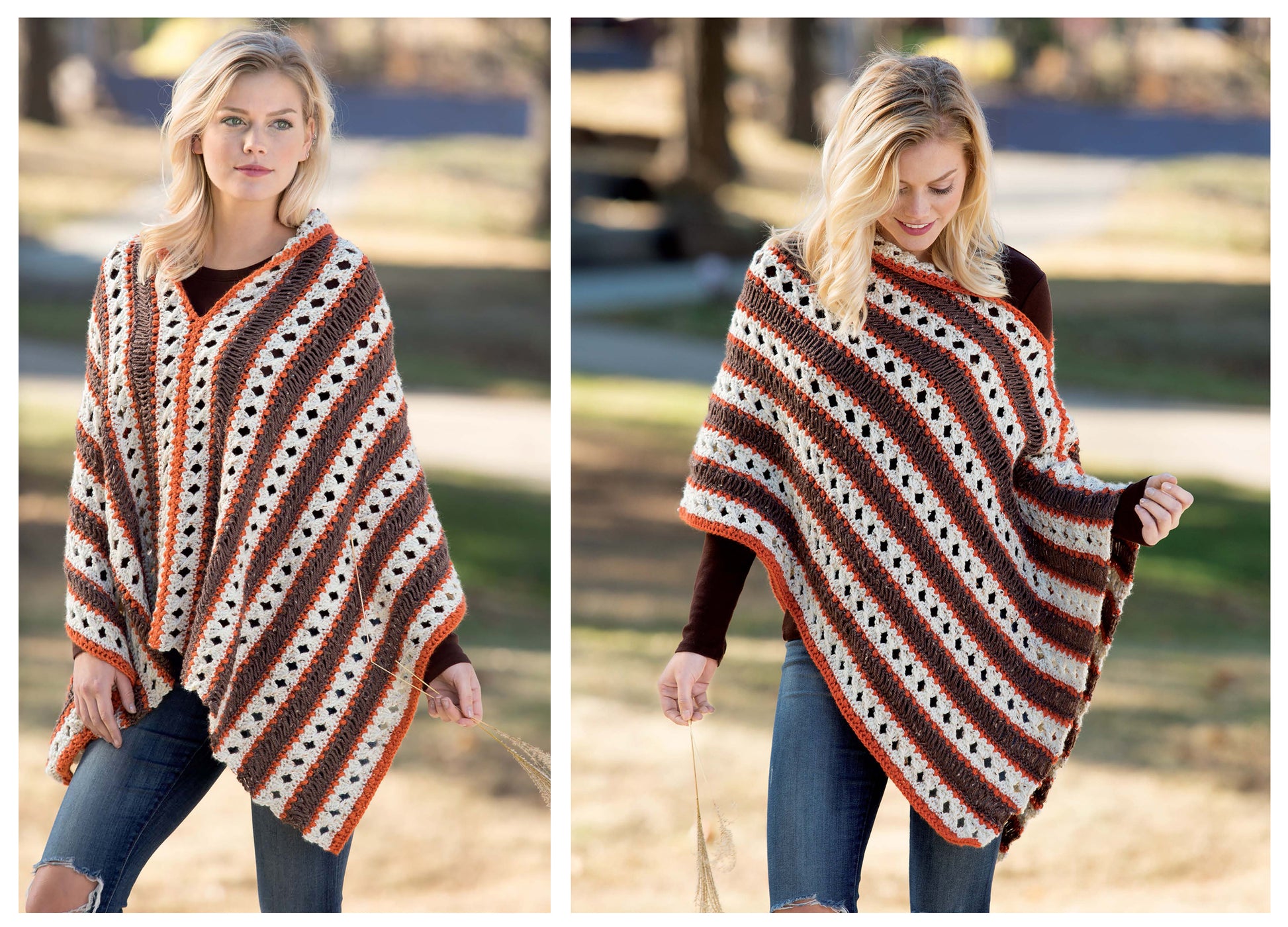 A woman stands outdoors on a sunny day wearing a striped poncho, made with intermediate patterns from Back In Style—Crochet 30 Made Modern Sweaters, Vests, Bags, Ponchos & More by Leisure Arts. She pairs it with a black top and ripped blue jeans.