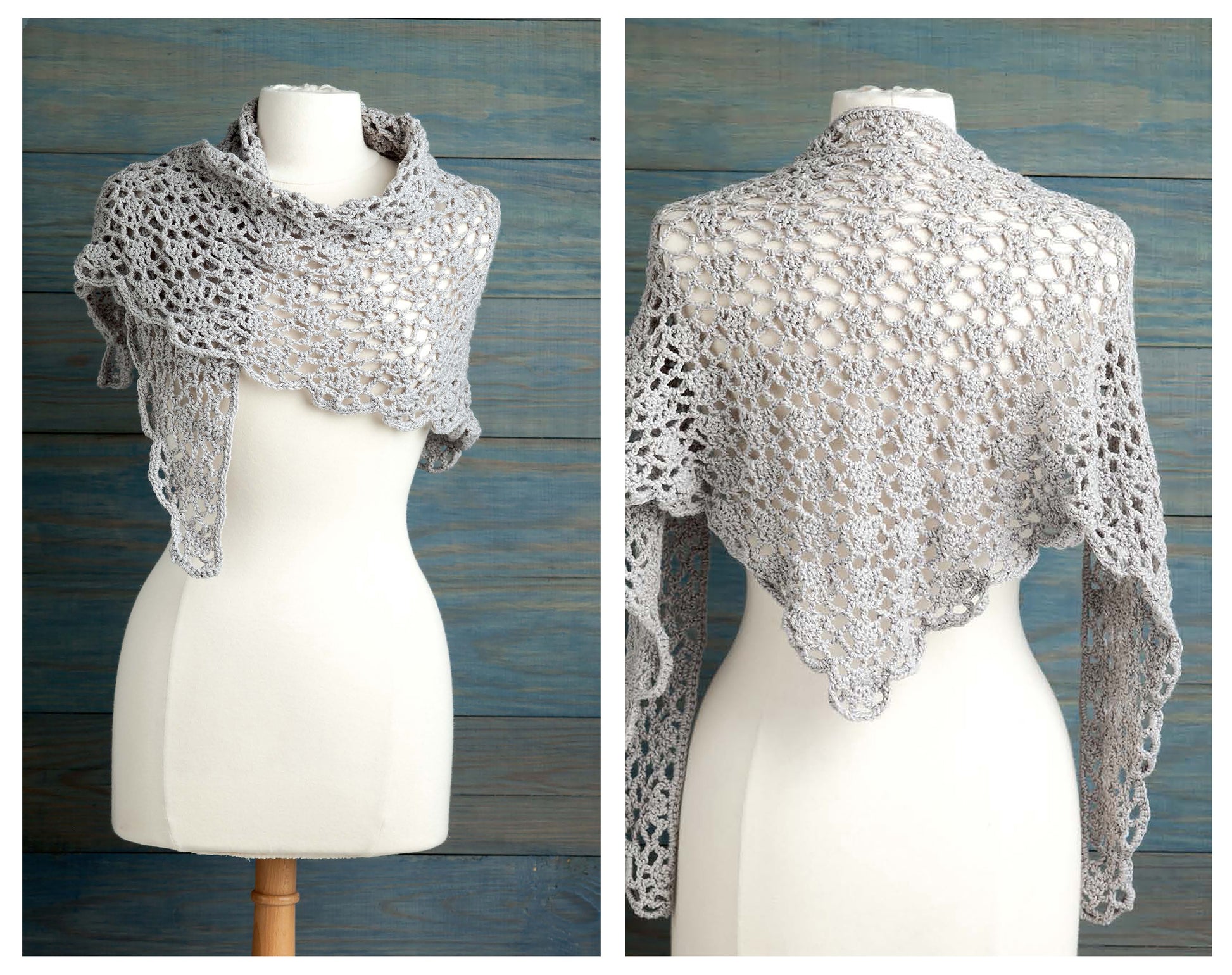 A mannequin showcases a light gray, lacy crocheted shawl from "Back In Style—Crochet 30 Made Modern Sweaters, Vests, Bags, Ponchos & More" by Leisure Arts, displayed front and back against a rustic blue background.