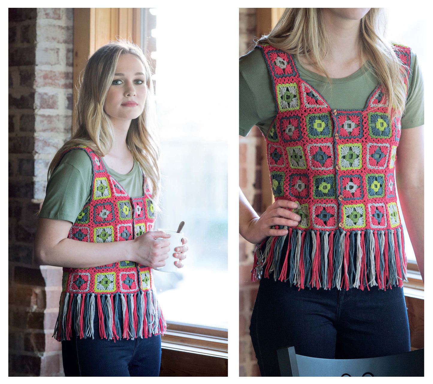 A woman indoors by a window wears a green T-shirt and a vibrant, fringed crochet vest with colorful square patterns. The look highlights creative designs from Leisure Arts' "Back In Style—Crochet 30 Made Modern Sweaters, Vests, Bags, Ponchos & More.
