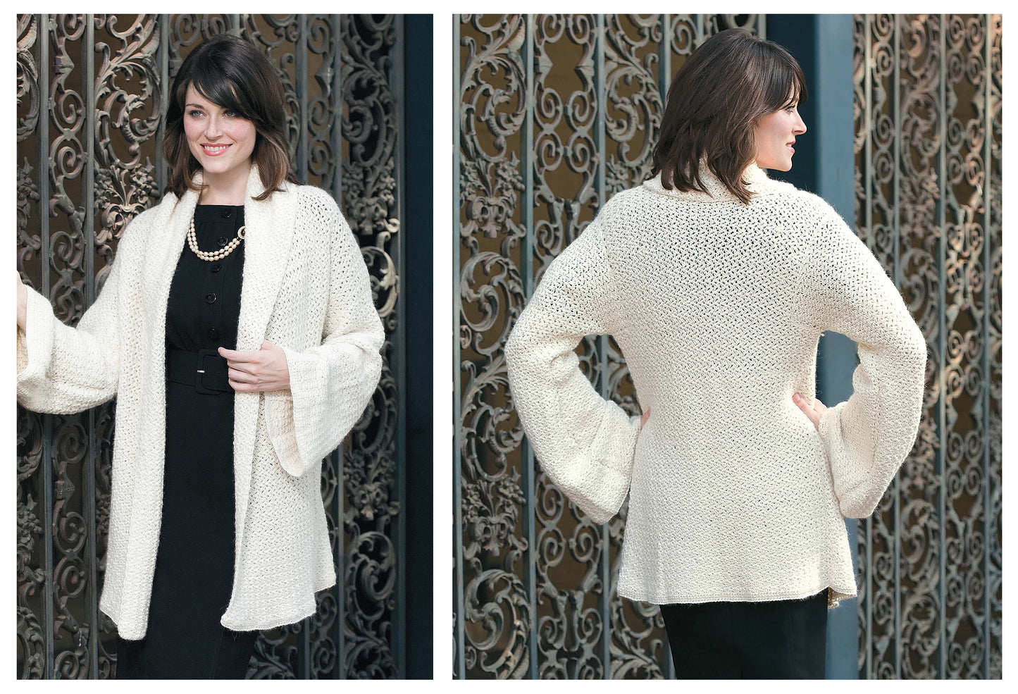 A woman models a cream knit cardigan from Leisure Arts' "Back In Style—Crochet 30 Made Modern Sweaters, Vests, Bags, Ponchos & More," posing by ornate iron gates in a black dress and pearl necklace to show both the front and back views.