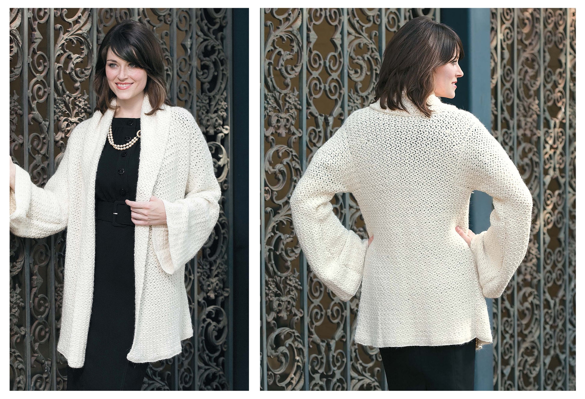 A woman models a cream knit cardigan from Leisure Arts' "Back In Style—Crochet 30 Made Modern Sweaters, Vests, Bags, Ponchos & More," posing by ornate iron gates in a black dress and pearl necklace to show both the front and back views.