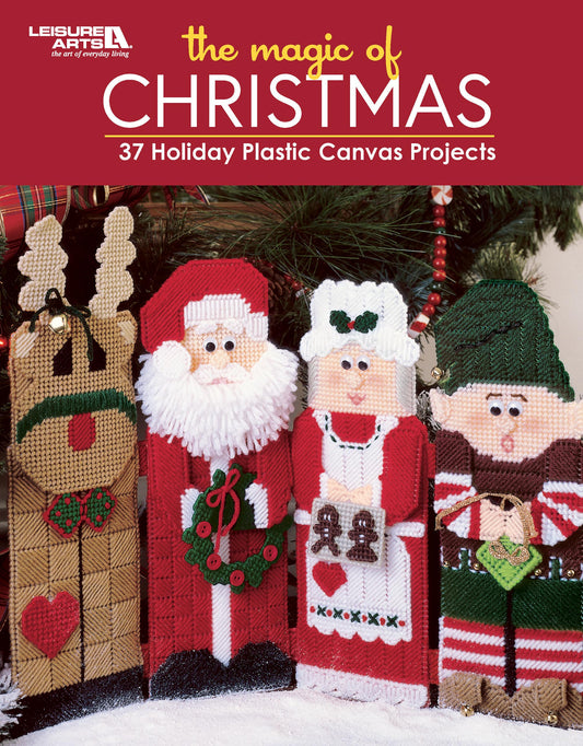 Four cheerful plastic canvas figures—two Santas, a snowman, and an elf—stand before holiday greenery. Find this project and more in The Magic of Christmas—37 Holiday Plastic Canvas Projects by Leisure Arts.