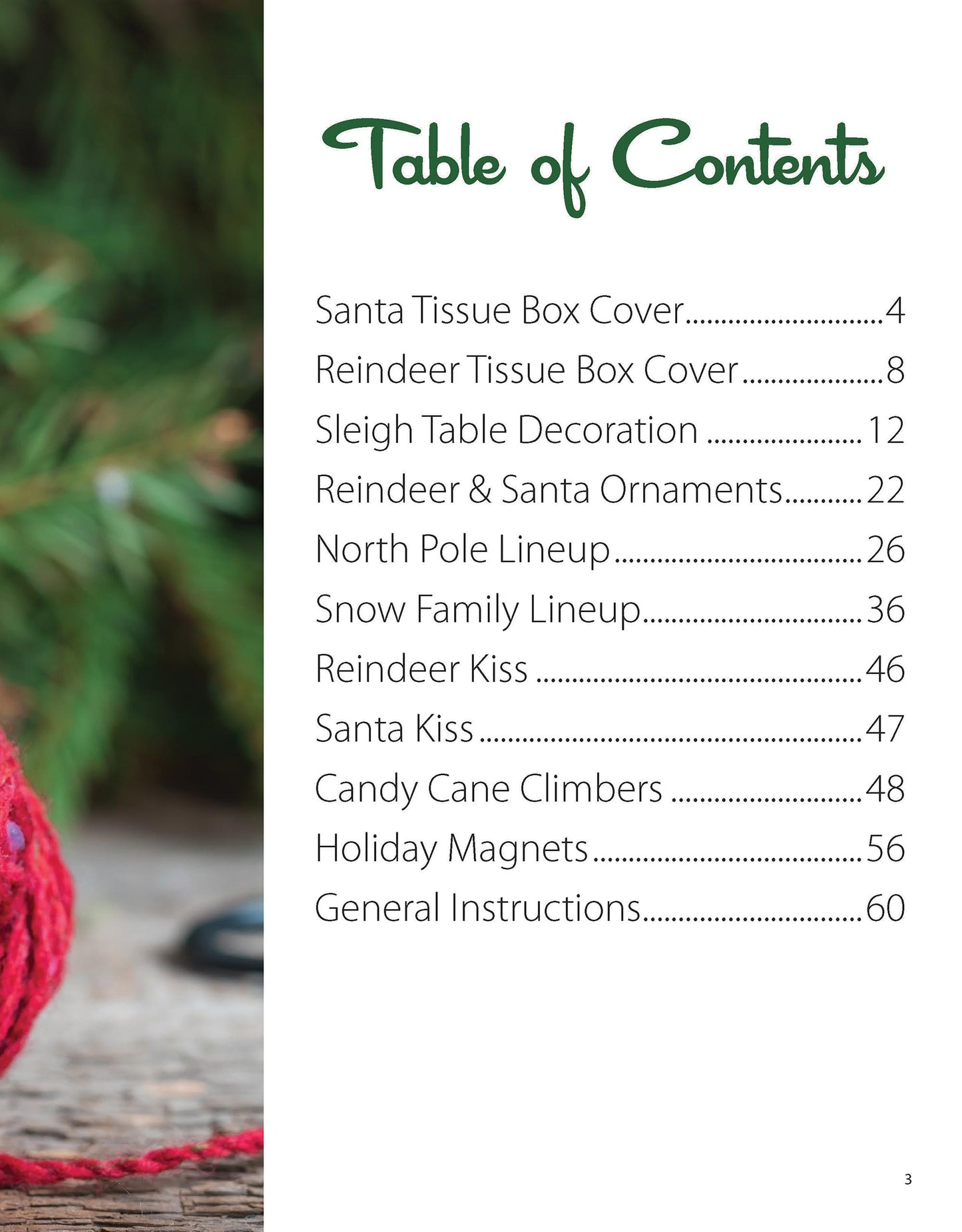 A table of contents from "The Magic of Christmas—37 Holiday Plastic Canvas Projects" by Leisure Arts shows beginner projects like Santa and Reindeer Tissue Box Covers, Sleigh Table Decoration, and more. Pine and red yarn sit in the background.