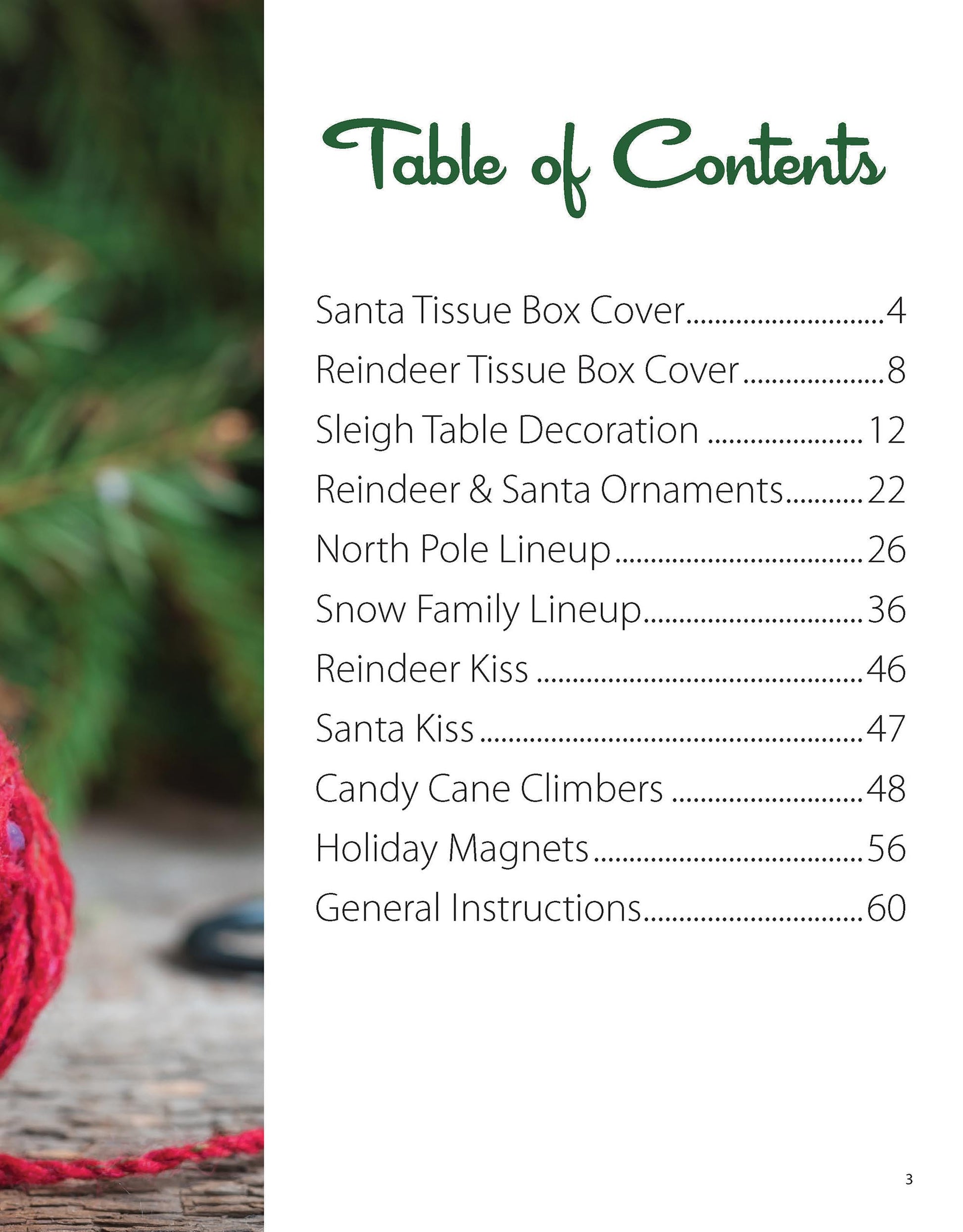 A table of contents from "The Magic of Christmas—37 Holiday Plastic Canvas Projects" by Leisure Arts shows beginner projects like Santa and Reindeer Tissue Box Covers, Sleigh Table Decoration, and more. Pine and red yarn sit in the background.