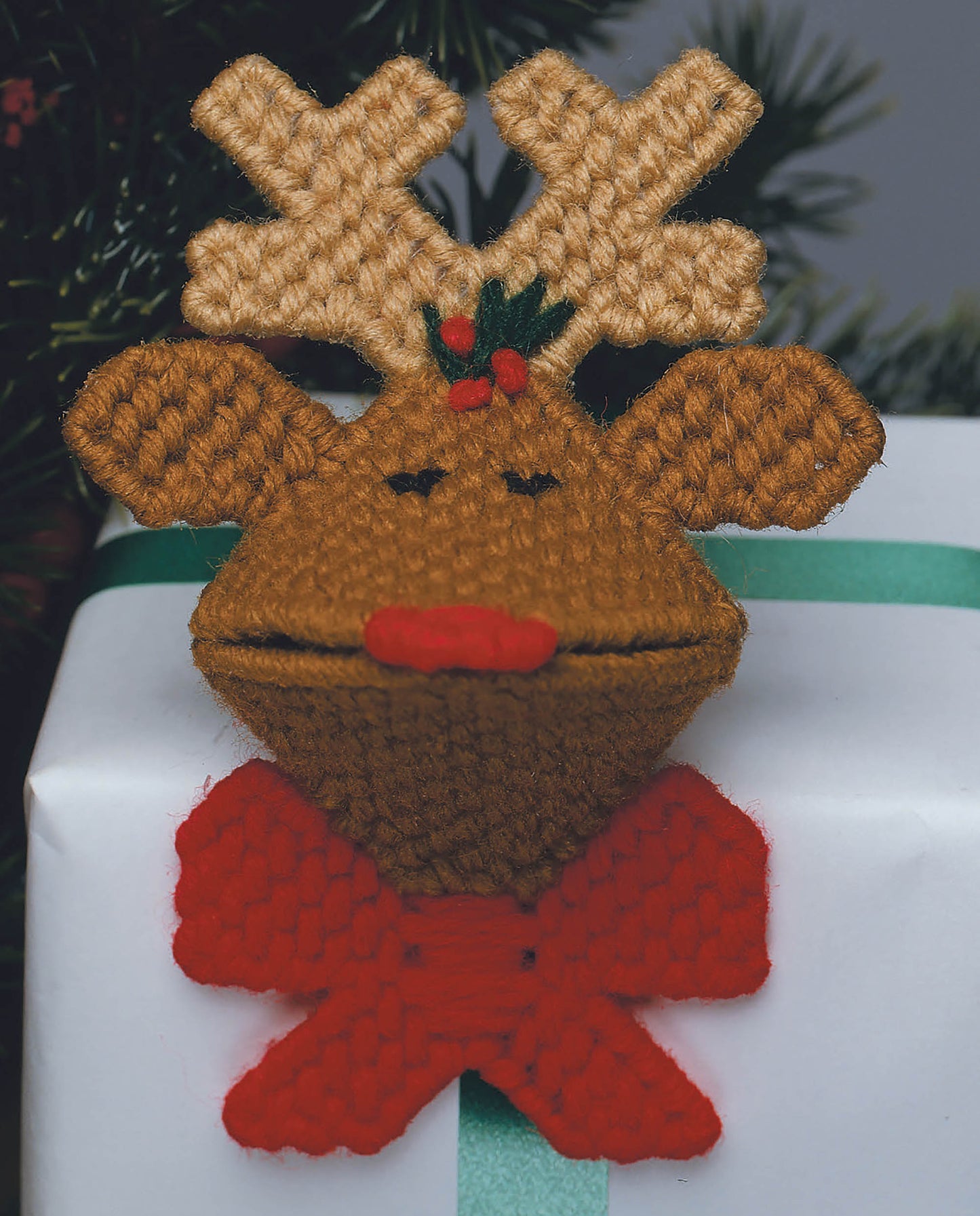 Leisure Arts’ "The Magic of Christmas—37 Holiday Plastic Canvas Projects" offers festive designs for crafters, perfect for the season and showcased here with a handmade reindeer ornament, white gift box, turquoise ribbon, and green pine background.