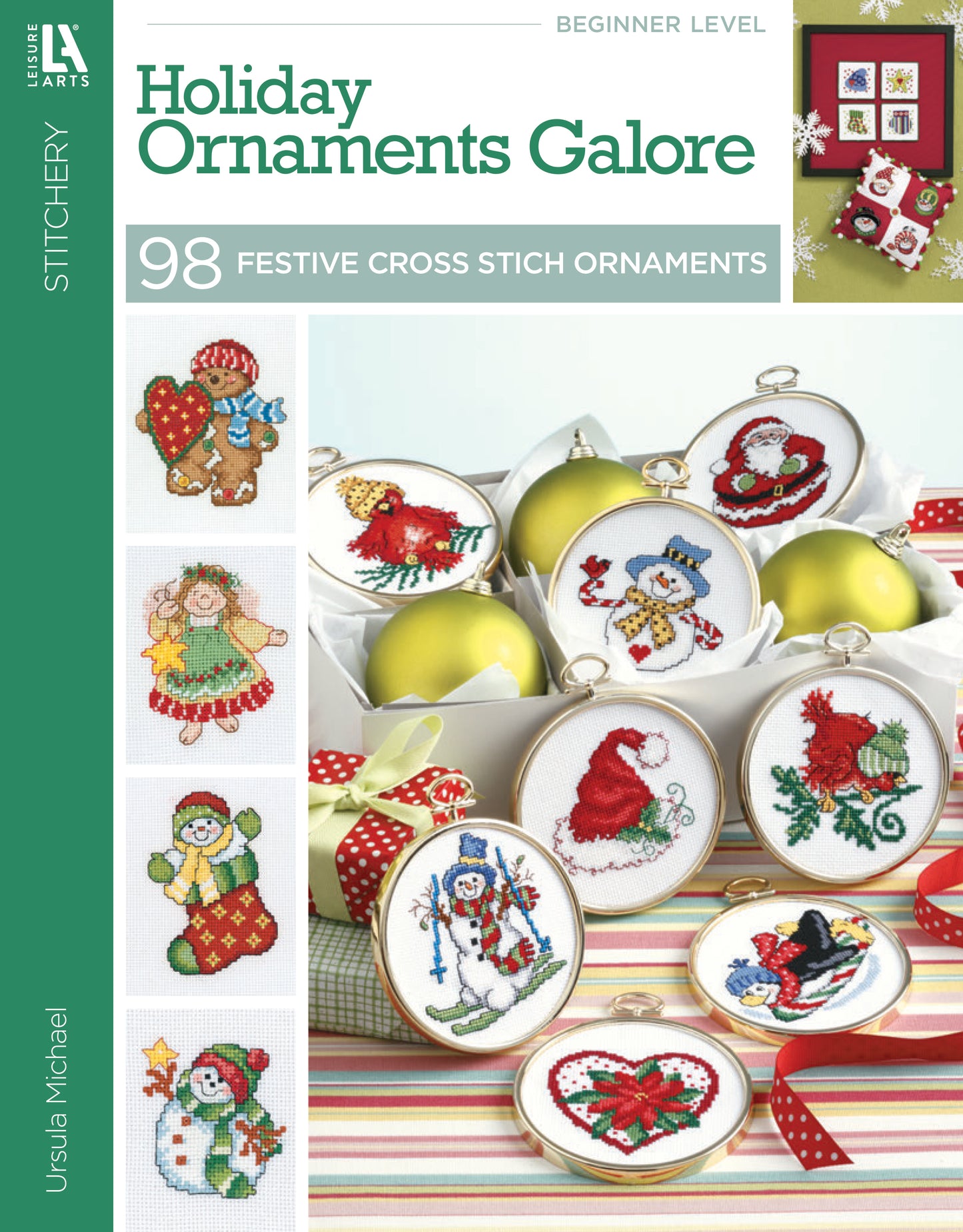 Cover of the Leisure Arts "Holiday Ornaments Galore Digital Download," featuring festive cross stitch designs like Santa, angels, and snowmen in embroidery hoops—ideal for holiday craft enthusiasts.