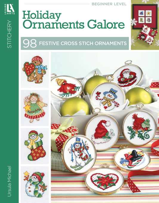 Cover of the Leisure Arts "Holiday Ornaments Galore Digital Download," featuring festive cross stitch designs like Santa, angels, and snowmen in embroidery hoops—ideal for holiday craft enthusiasts.