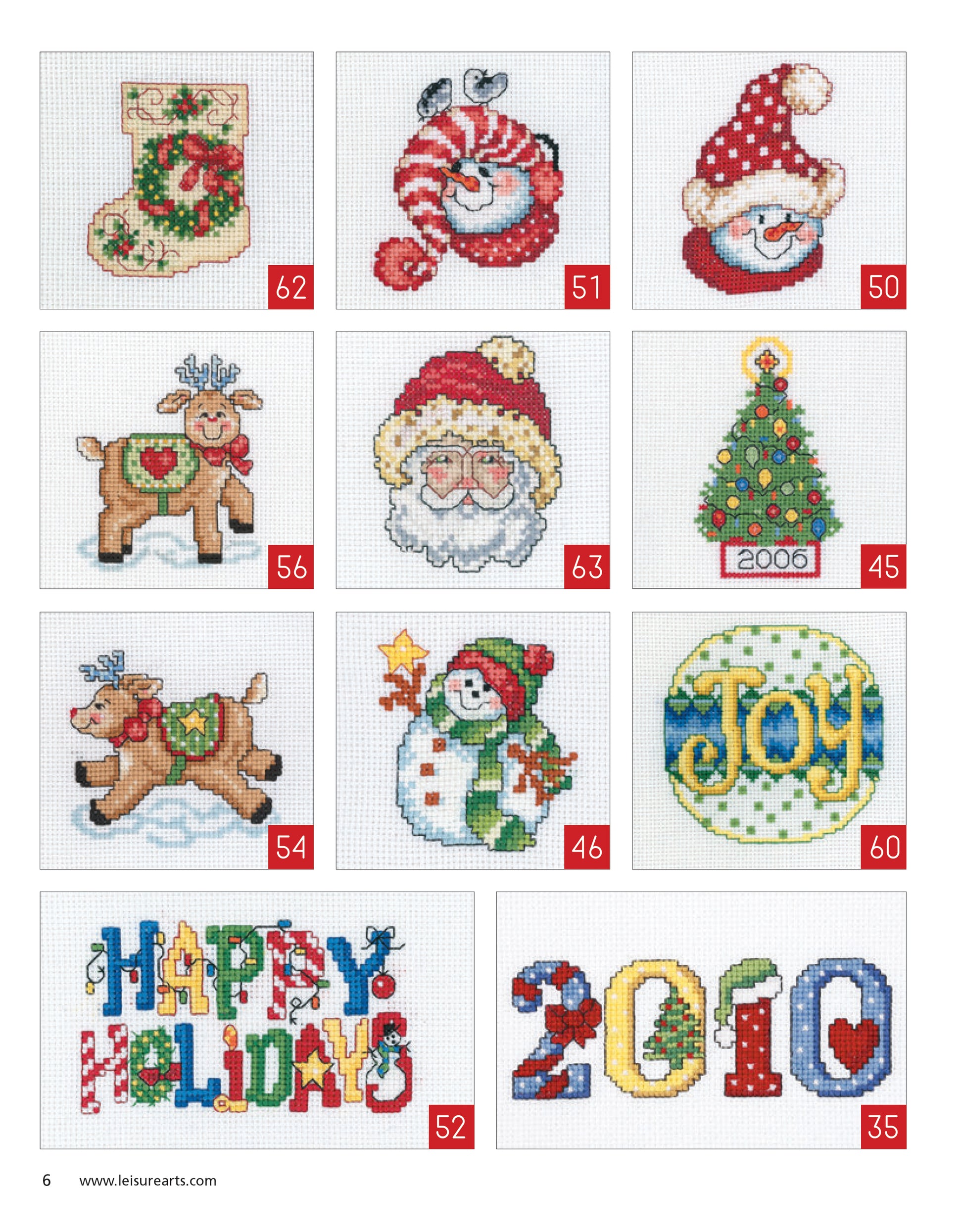 Holiday Ornaments Galore Digital Download by Leisure Arts features a grid of colorful embroidery patterns with festive cross-stitch ornaments, Santa, reindeer, tree, snowman, “JOY,” “HAPPY HOLIDAYS,” “2010”—each labeled with a red number.
