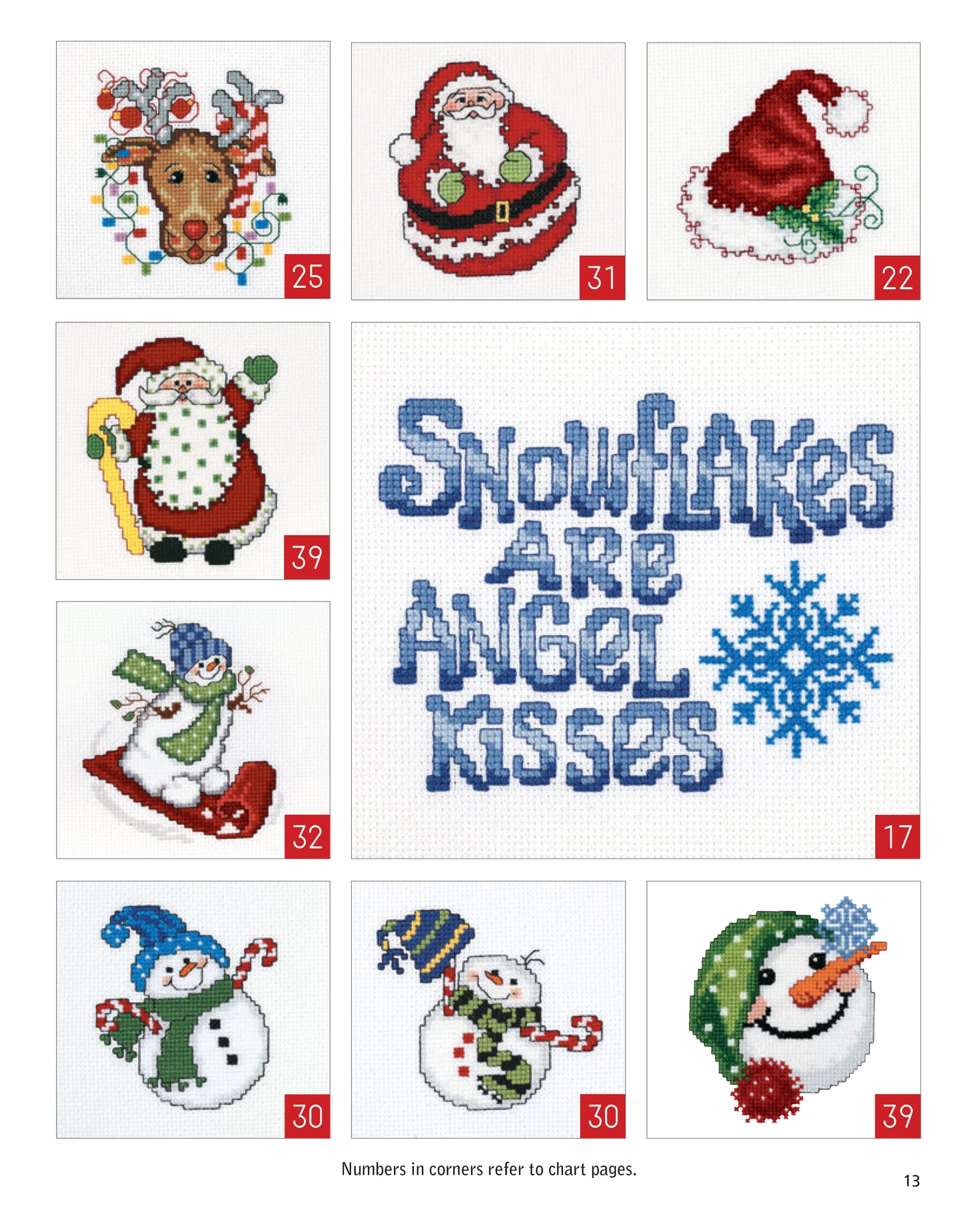 Holiday Ornaments Galore Digital Download by Leisure Arts features festive cross-stitch designs—Santa, reindeer, hats, a snowman, penguin, and "Snowflakes Are Angel Kisses" text—perfect for creating colorful holiday ornaments.