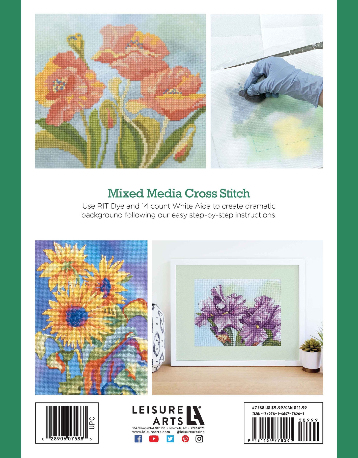A collage displays three vibrant floral cross-stitch projects—orange lilies, sunflowers, purple irises—and a customizable Aida cloth being hand-dyed blue. Text below reads “Dye-Namic Cross Stitch by Leisure Arts.”.
