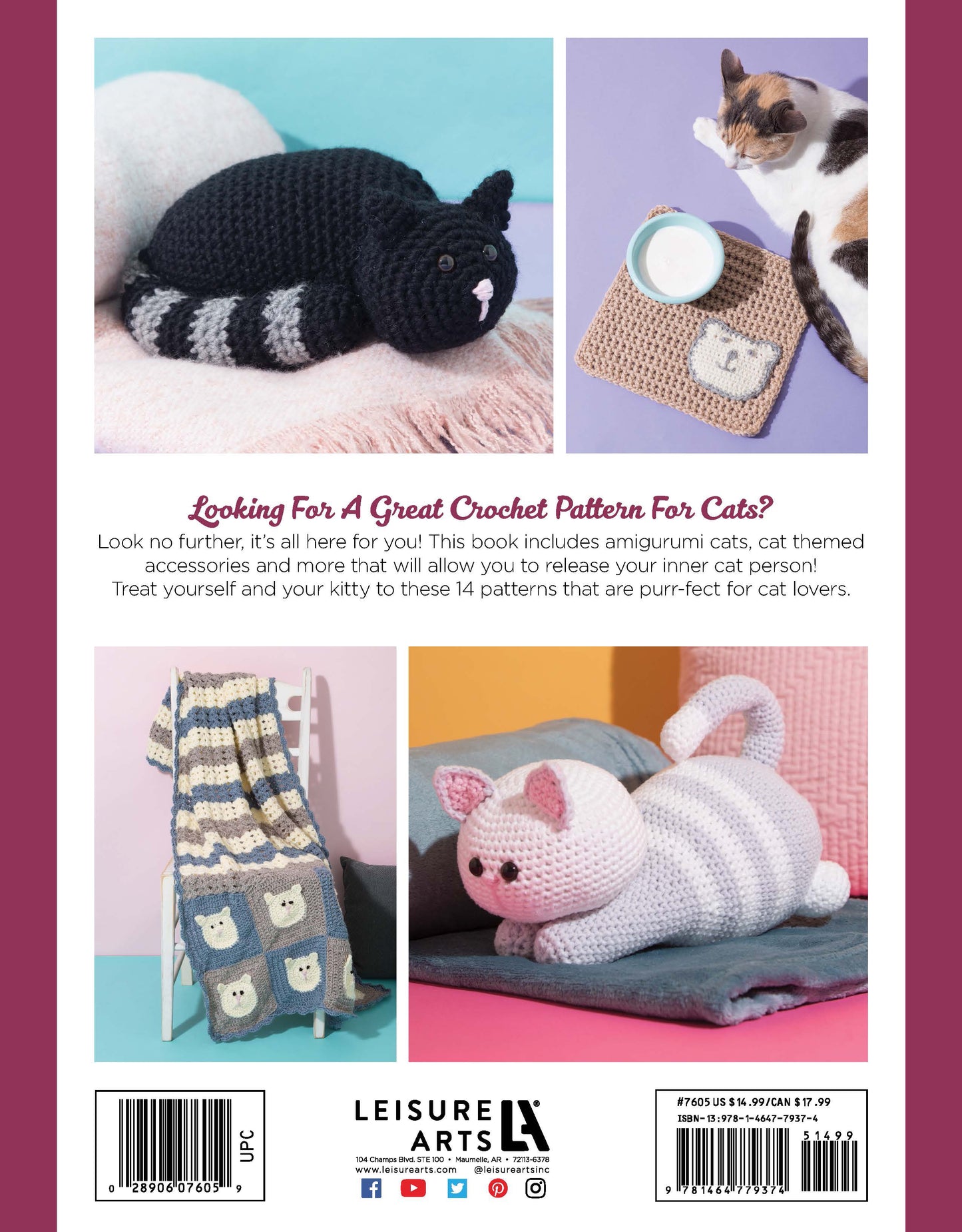 Back cover of Leisure Arts' Crochet Cool Cats Digital Download: beginner patterns for black and striped cat plushies, a cat-face blanket, and a cat-themed pouch. Includes step-by-step instructions for fun crochet projects. Features real cat sniffing the pouch.