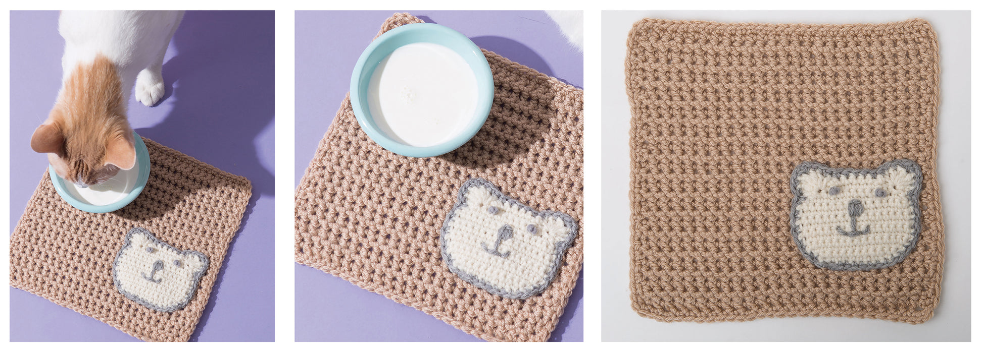 Three images: a cat drinking milk from a blue bowl on a bear-face crocheted mat, the bowl on the mat, and the mat alone—great inspiration for cat shelter crafts using Leisure Arts' Crochet Cool Cats Digital Download.