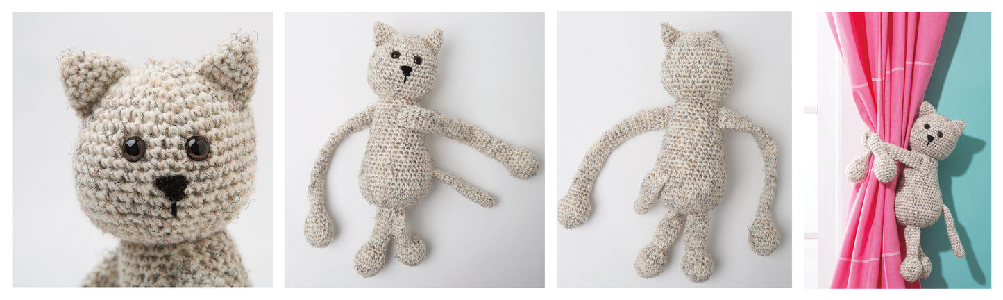 A four-panel image showcases a beige cat plush made from the Crochet Cool Cats Digital Download by Leisure Arts, showing close-ups, front and back views, and the cat on a pink curtain—great for beginner-friendly or step-by-step crochet projects.