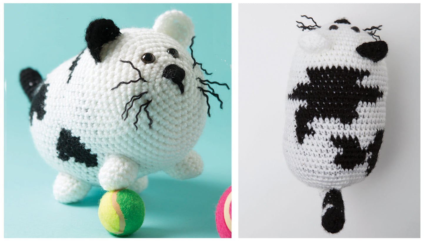 The Crochet Cool Cats Digital Download by Leisure Arts shows two crochet cat toys with white bodies and black spots—one perched on a green and yellow ball, the other viewed from above—ideal for beginners or cat shelter craft projects.