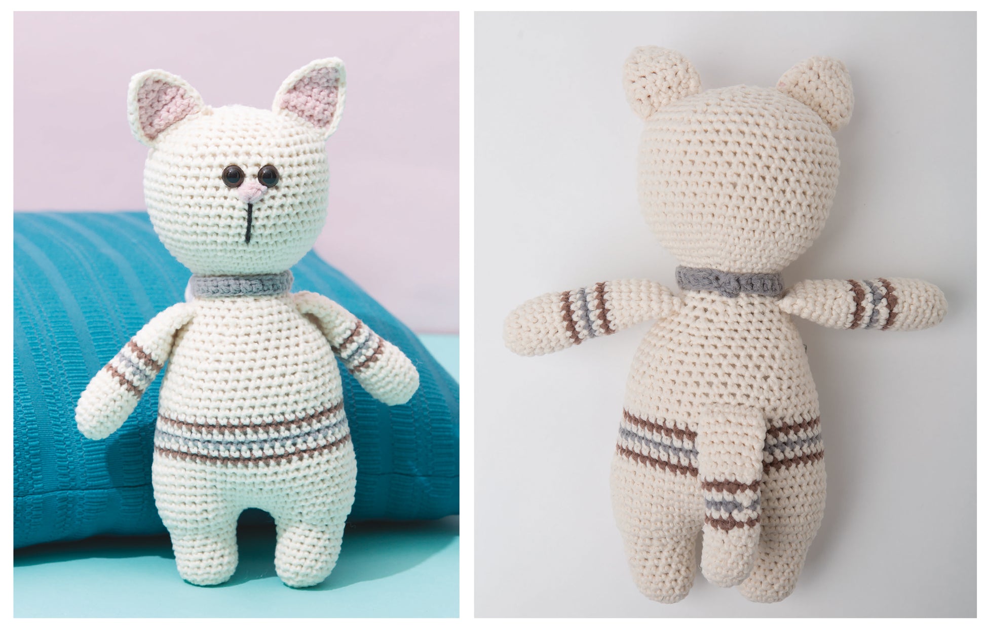 The Leisure Arts Crochet Cool Cats Digital Download features a cream cat with gray and brown stripes, button eyes, and a gray collar—shown front and back on a light blue surface near a teal pillow—ideal for beginners.