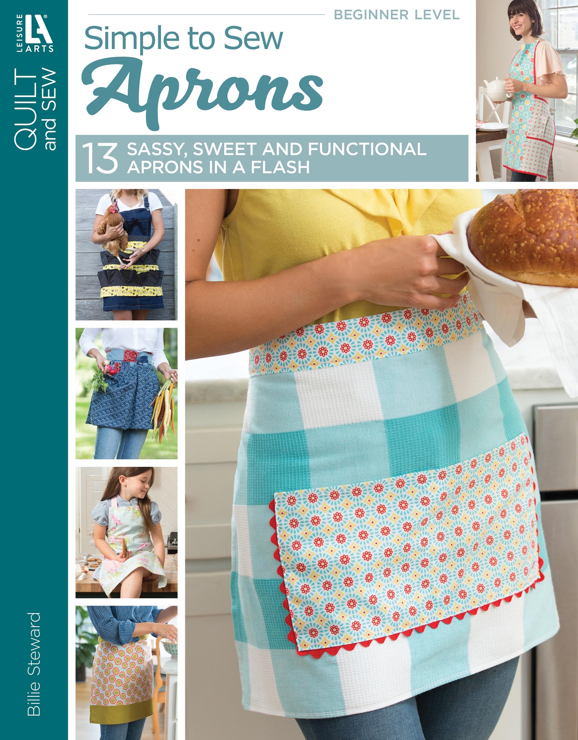 Cover of the Leisure Arts Simple to Sew Aprons Digital Download, featuring women modeling colorful aprons in various fabrics and styles, including one with a large patterned pocket—ideal for beginner sewing projects.