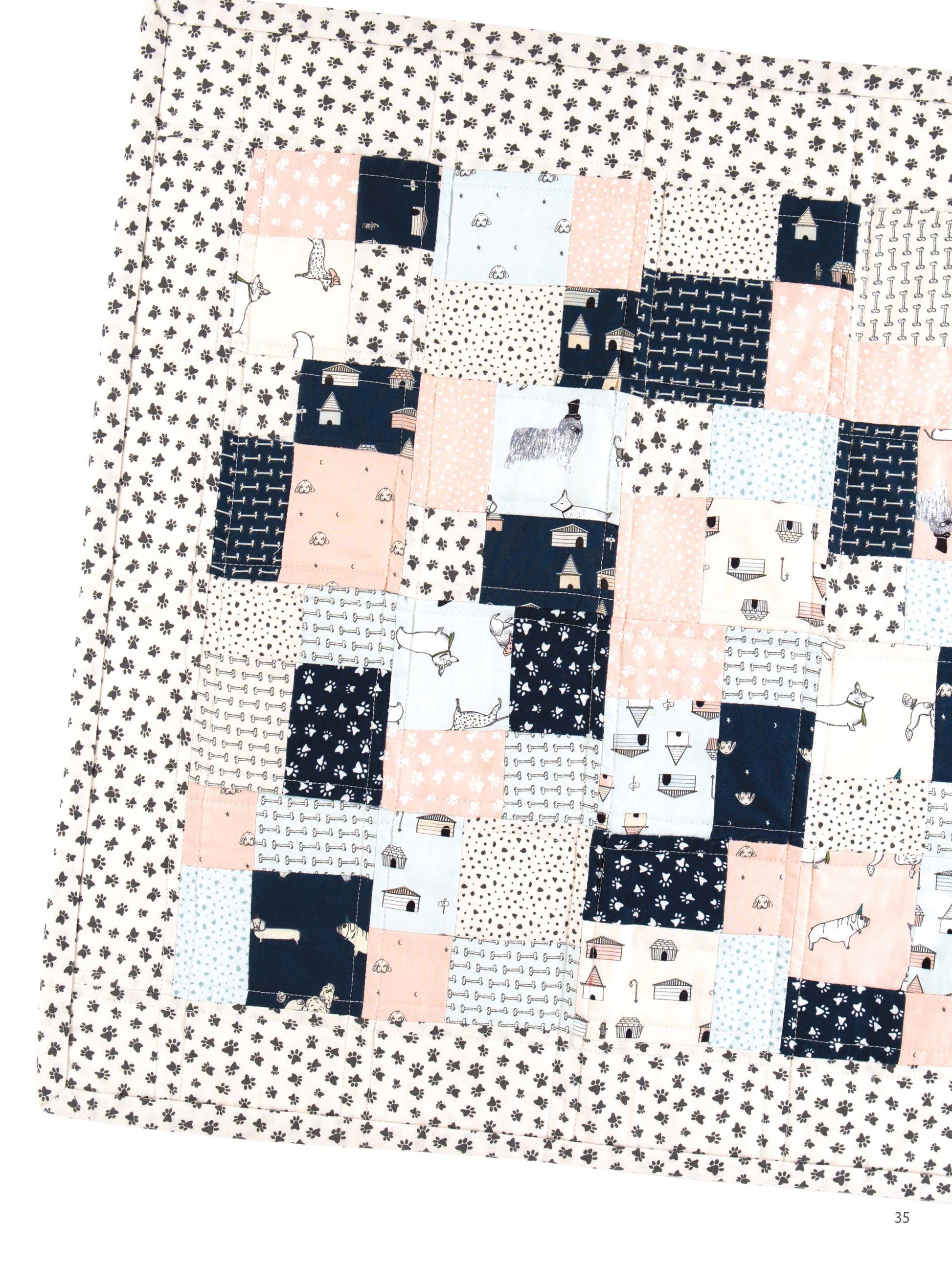 Leisure Arts' Miniature Quilts—12 Tiny Projects That Make a Big Impression features expertly quilted small squares in navy, blush pink, white, and light gray with animal and geometric prints—ideal for unique decor or heartfelt gifts.