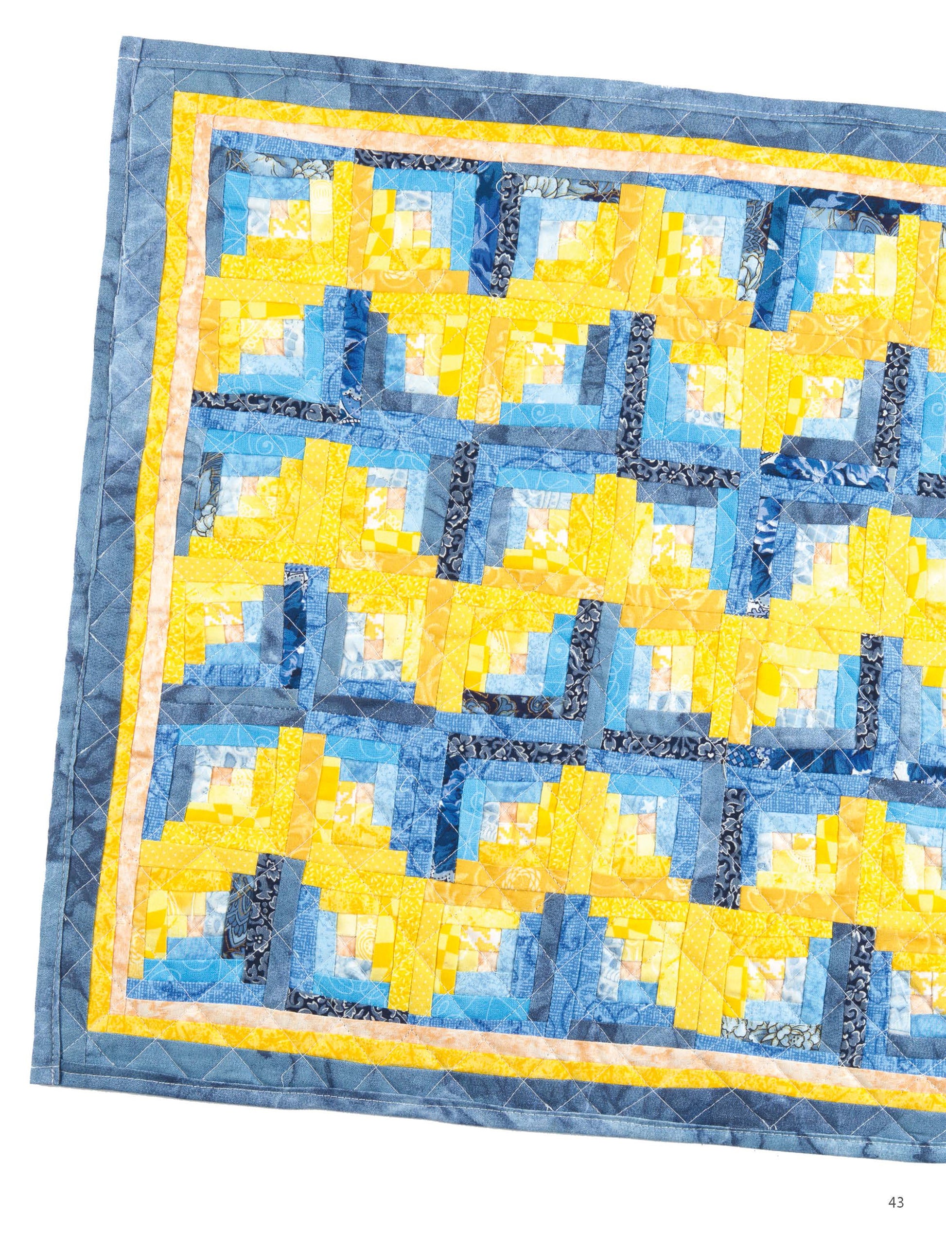 The "Miniature Quilts—12 Tiny Projects That Make a Big Impression" by Leisure Arts features expert quilting in blue and yellow geometric patterns, perfect for home decor or gifting. Shown angled on a white background.