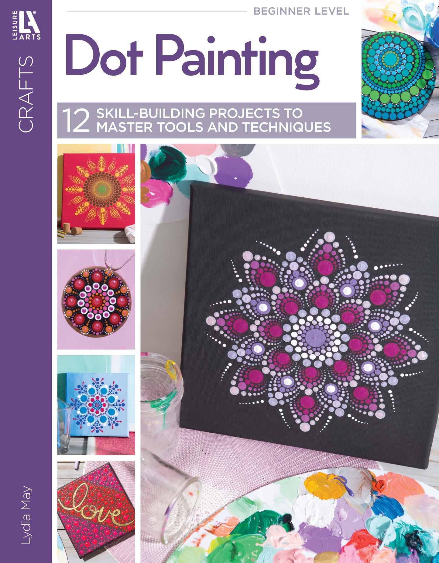 Leisure Arts “Dot Painting Digital Download” beginner-level craft book cover, showing a mandala canvas design and smaller colorful dot and rock painting samples on the left.