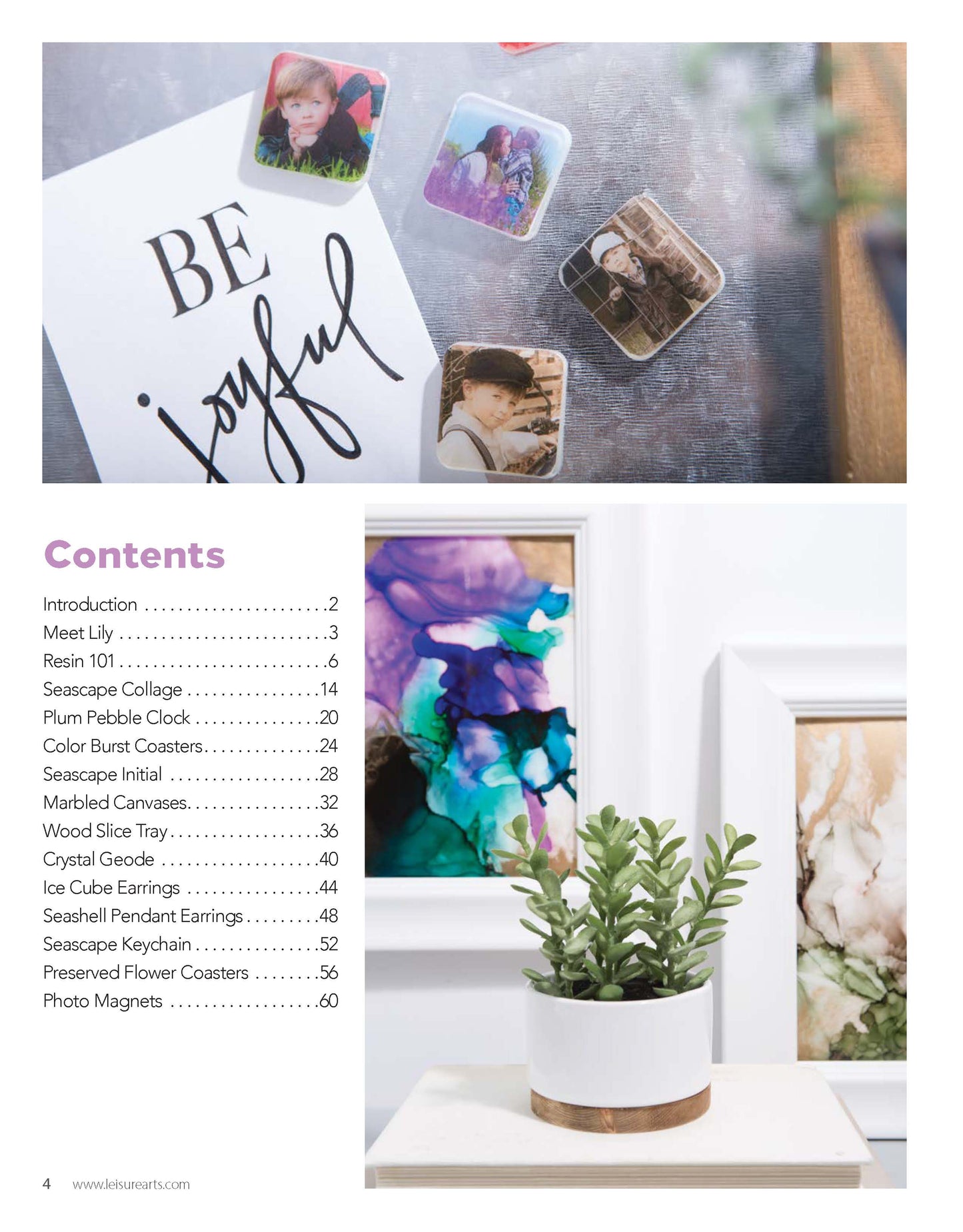 A magazine page displays photo magnets and “BE joyful” on a marble surface—perfect inspiration for resin art like those in Leisure Arts’ “Resin Creations—12 Step-by-Step Projects Plus Tips and Techniques for Resin Pouring” digital download.