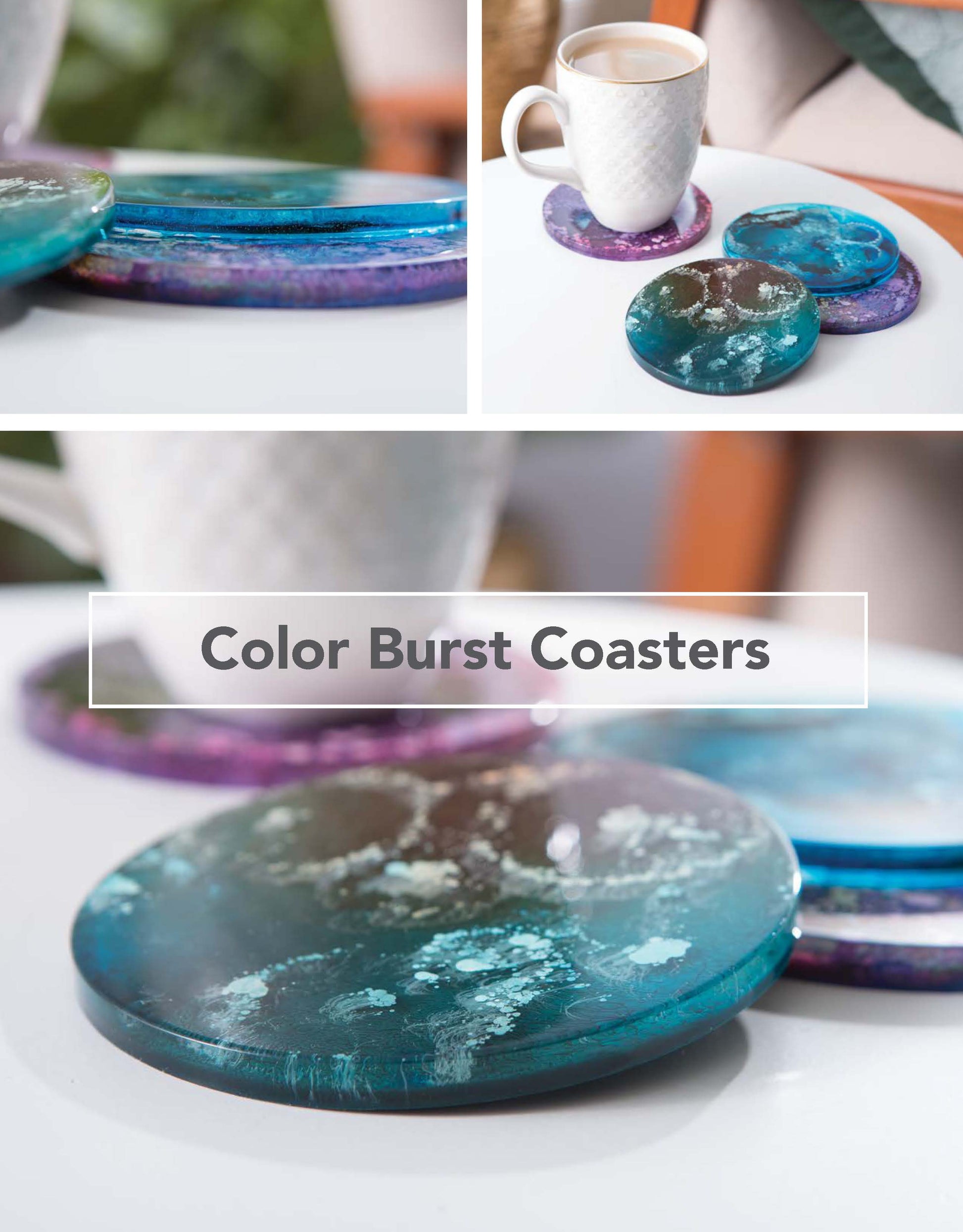 A collage showcases round resin coasters in blue, purple, and teal. One holds a white mug, others are stacked. Text reads: "Resin Creations—12 Projects & Tips for Resin Pouring" by Leisure Arts (Digital Download).