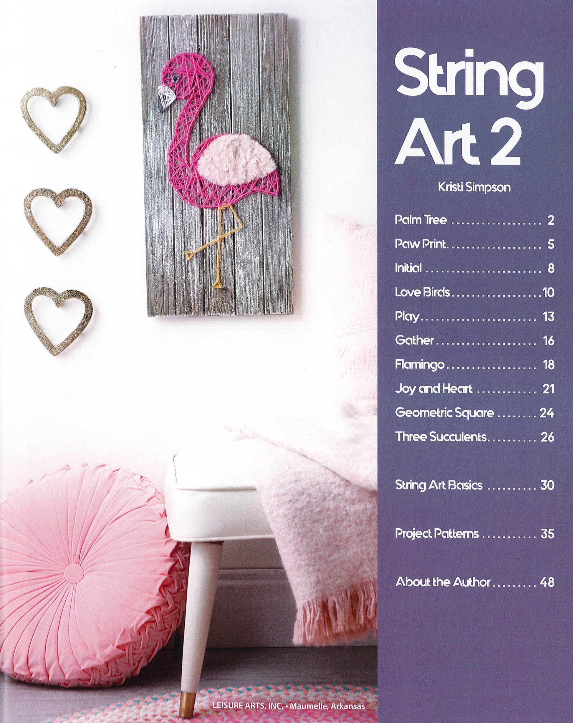 A decorative page shows pink flamingo beginner string art on wood, heart decorations, a pink pillow, and a white chair. The text lists String Art 2 by Leisure Arts—ideal for fans of yarn and cord projects.