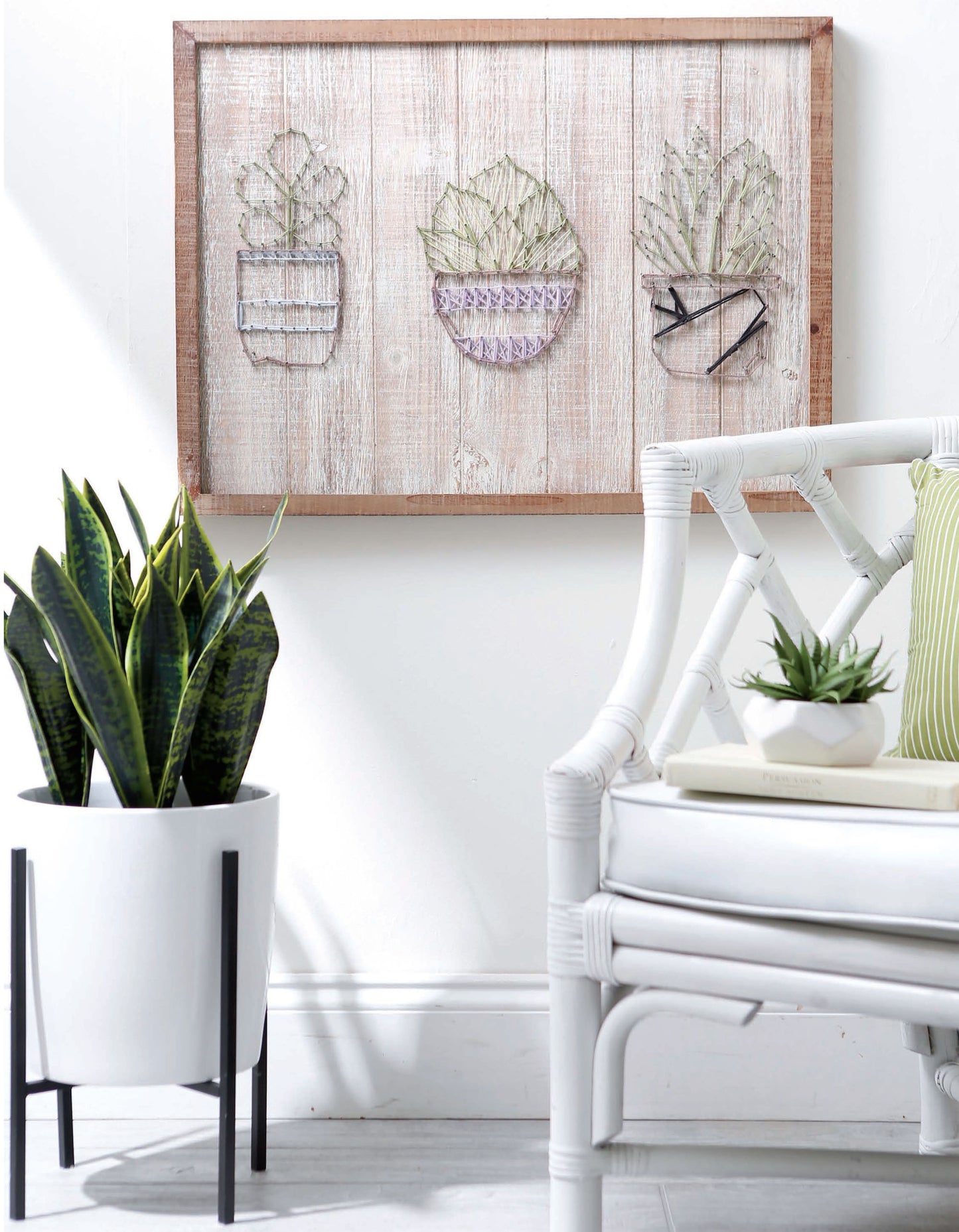 A white corner features a potted snake plant on a black stand, a white chair with green cushions, a succulent on the table, and Leisure Arts String Art 2 framed plants—perfect inspiration for yarn and cord projects.