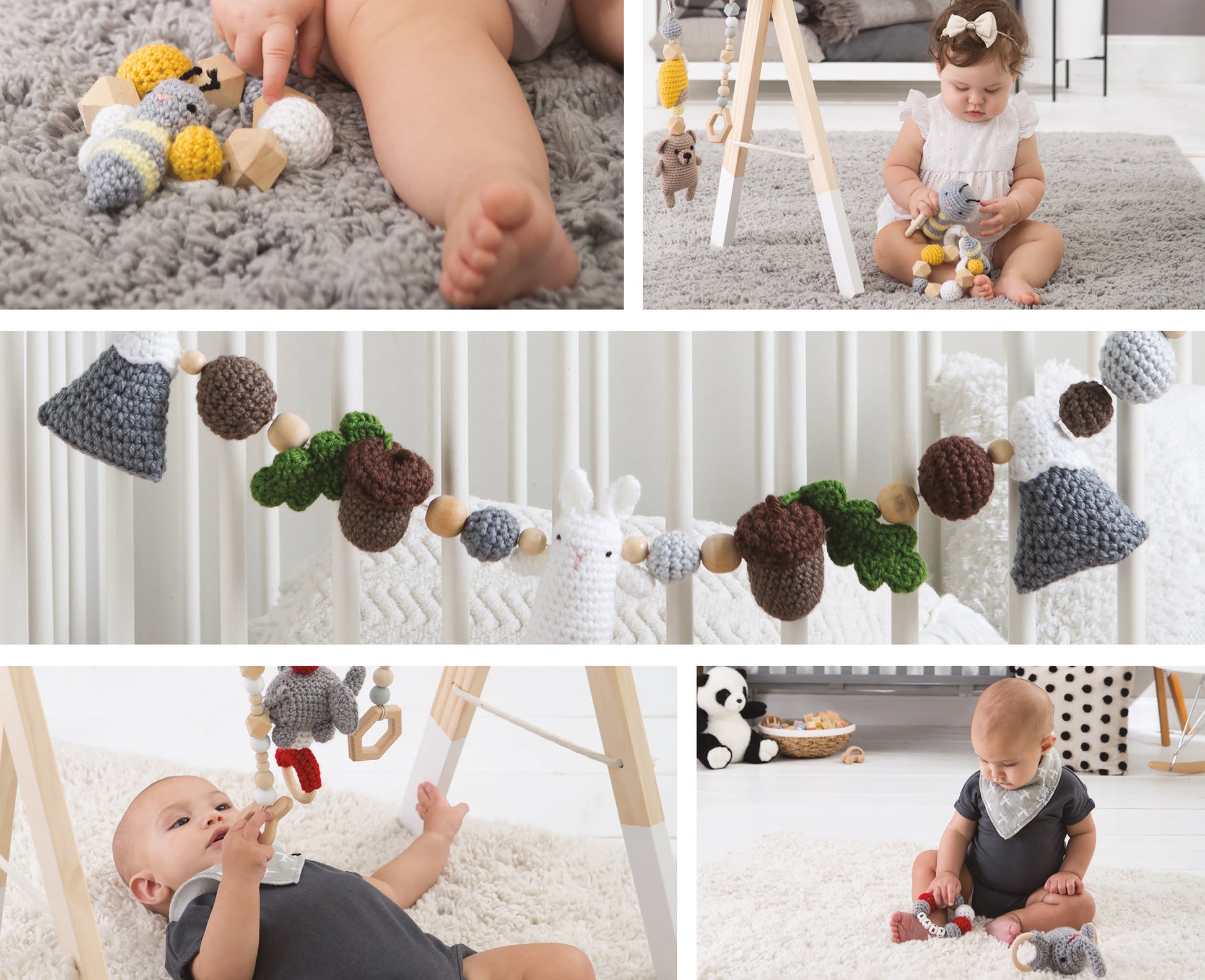 Collage of babies interacting with Leisure Arts' Sensory Baby Toys Digital Download, featuring soft crocheted animal sensory toys and wooden beads on playmats under a wooden play gym, with close-ups of the toys and playtime.