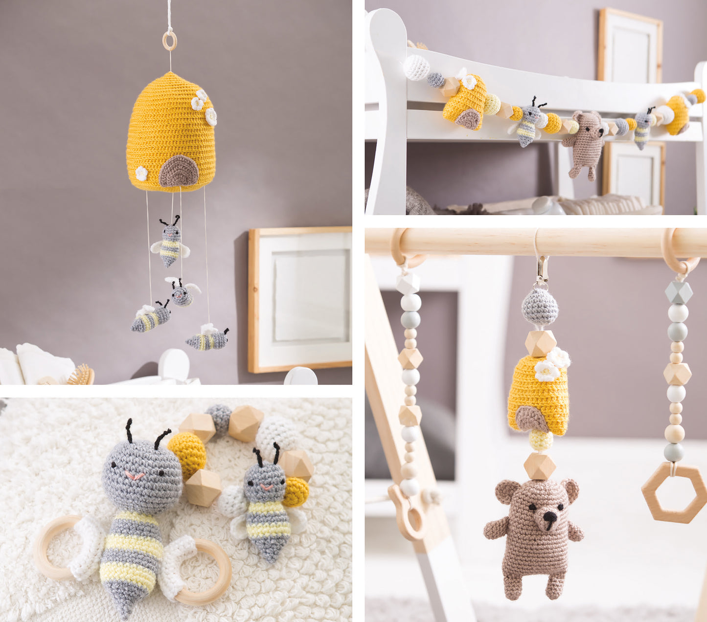 Collage of four images from Leisure Arts' Sensory Baby Toys Digital Download: a yellow beehive mobile, animal garlands, crocheted bee and bear, and wooden bead accents—ideal for a pastel-themed nursery.