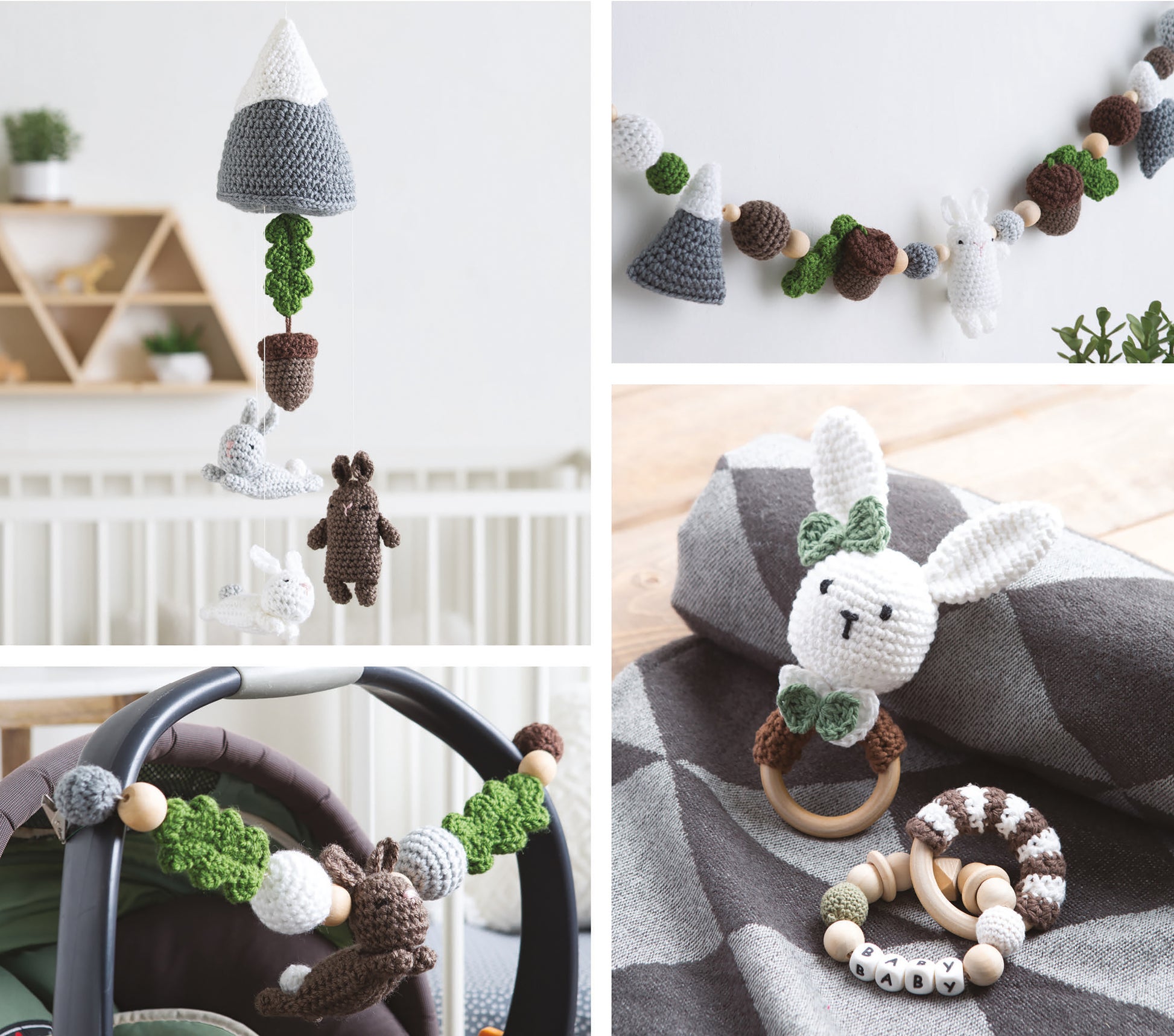 The Sensory Baby Toys Digital Download by Leisure Arts showcases mountain and bunny-themed garlands, a bunny rattle with ring, and a stroller decoration—all in neutral white, brown, and green tones.