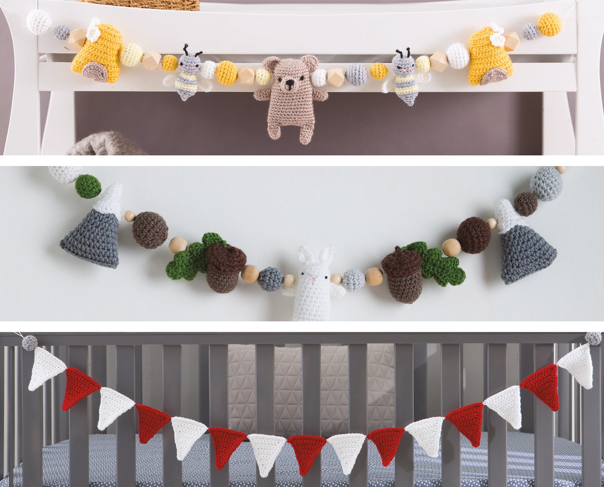 The Sensory Baby Toys Digital Download by Leisure Arts features three charming crocheted garlands—bears with stars, bunnies with trees and acorns, and red-white pennants—perfect as handmade sensory toys to hang on cribs or cradles.