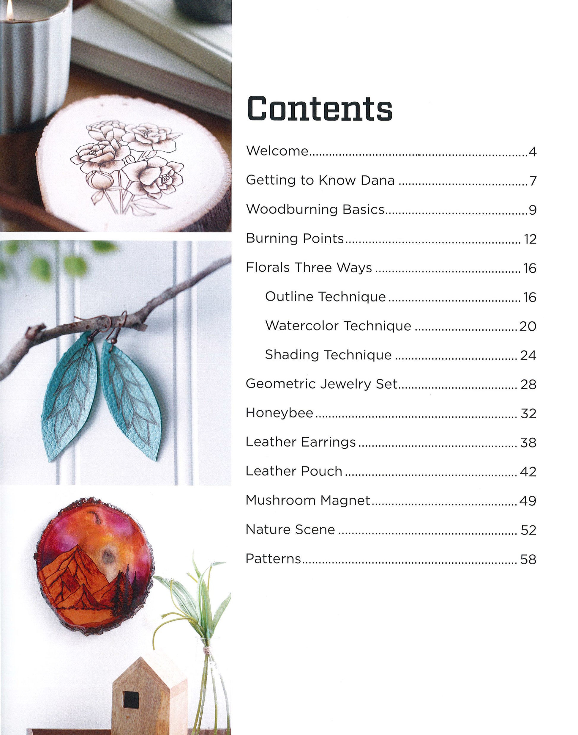 The table of contents in Modern Woodburning 2 by Leisure Arts features floral wood art, green leather leaf accents, a mountain landscape magnet, and sections listing beginner pyrography projects with page numbers for using your woodburning tool.